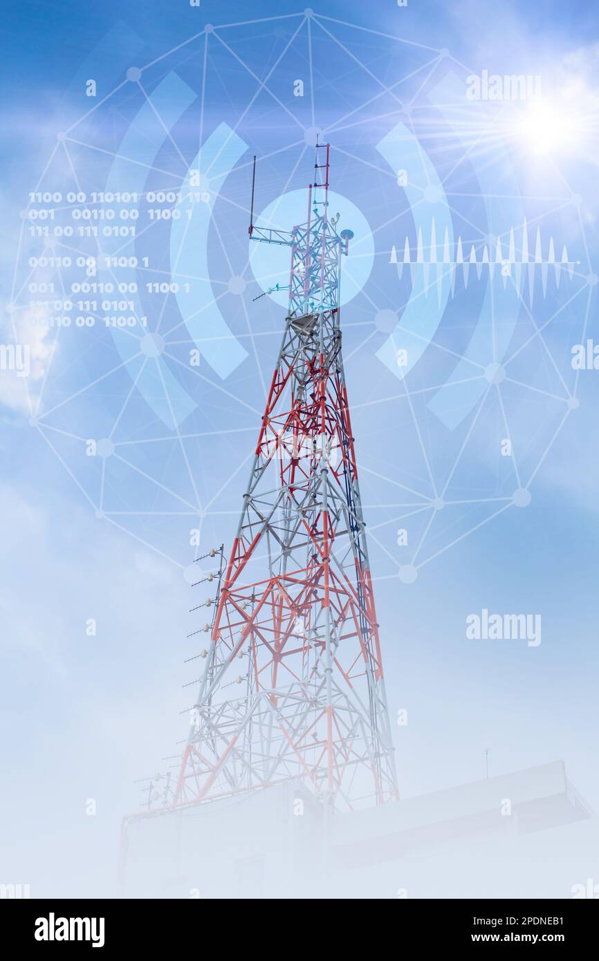 5G data network communication tower cell site overlay with illustration of business data technology application vertical shot Stock Photo