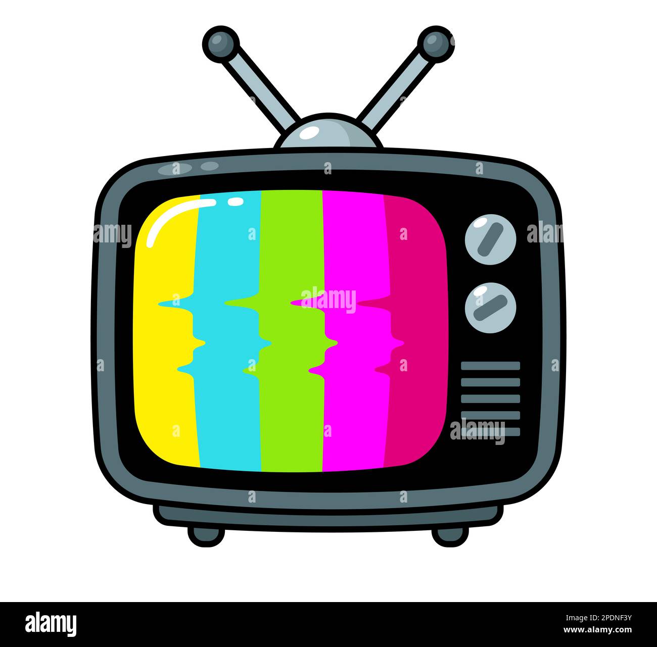 Vintage television set in simple cartoon style. No signal, colored stripes (TV test pattern). Vector clip art illustration. Stock Vector