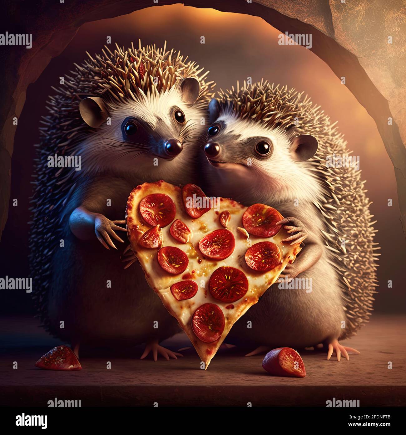 Hedgehogs enjoying heart shaped pizza Stock Photo