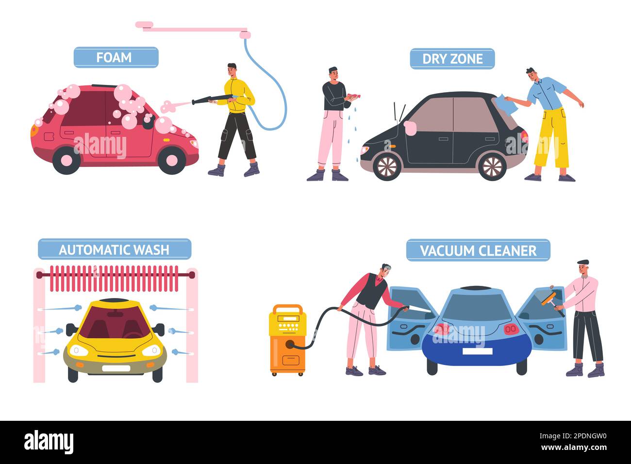 Self car wash service. People cleaning automobile windows and salon interior. Automatic water supply. Soap foam equipment. Dry and vacuum brushing Stock Vector