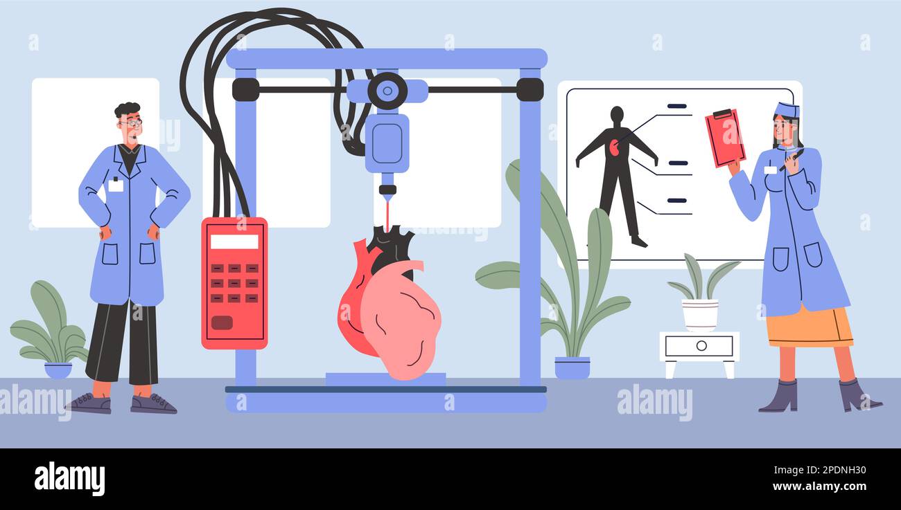 Organs 3D printing. Surgical heart implantation. Artificial human body