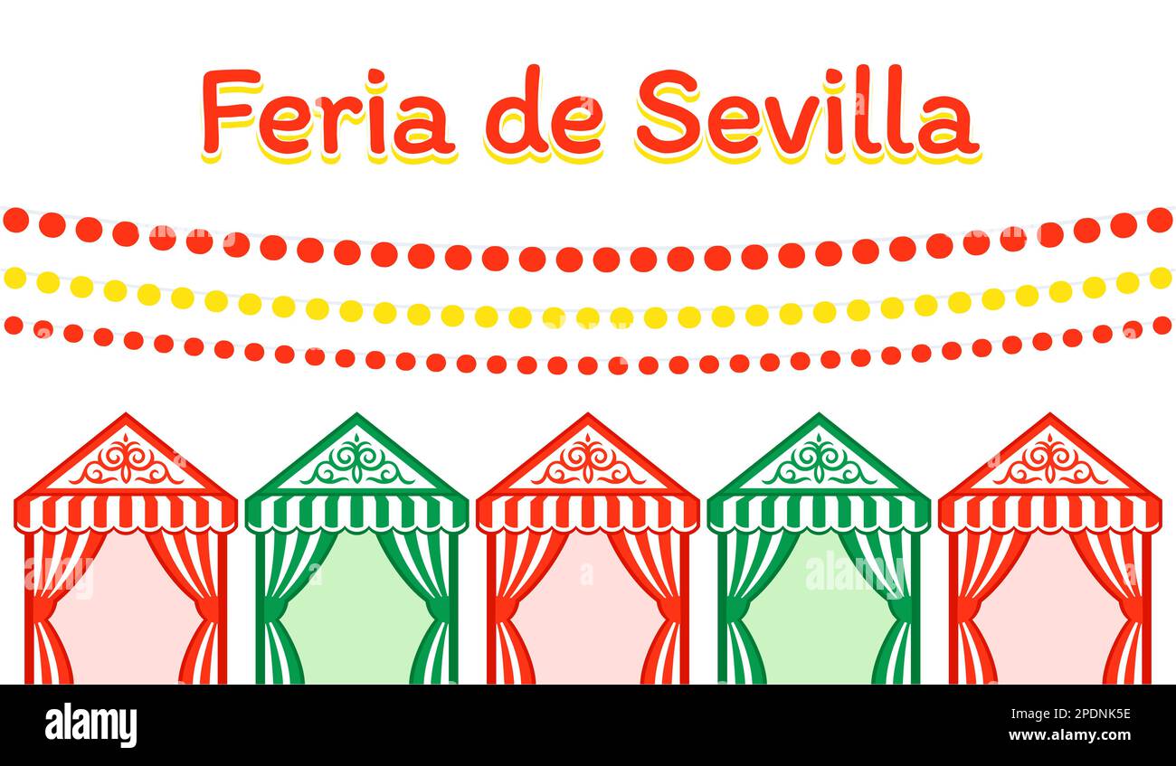 Feria de Sevilla (Spanish for Seville Fair) traditional festival in Andalusia, Spain. Flat cartoon design banner with lanterns and casetas. Vector cli Stock Vector