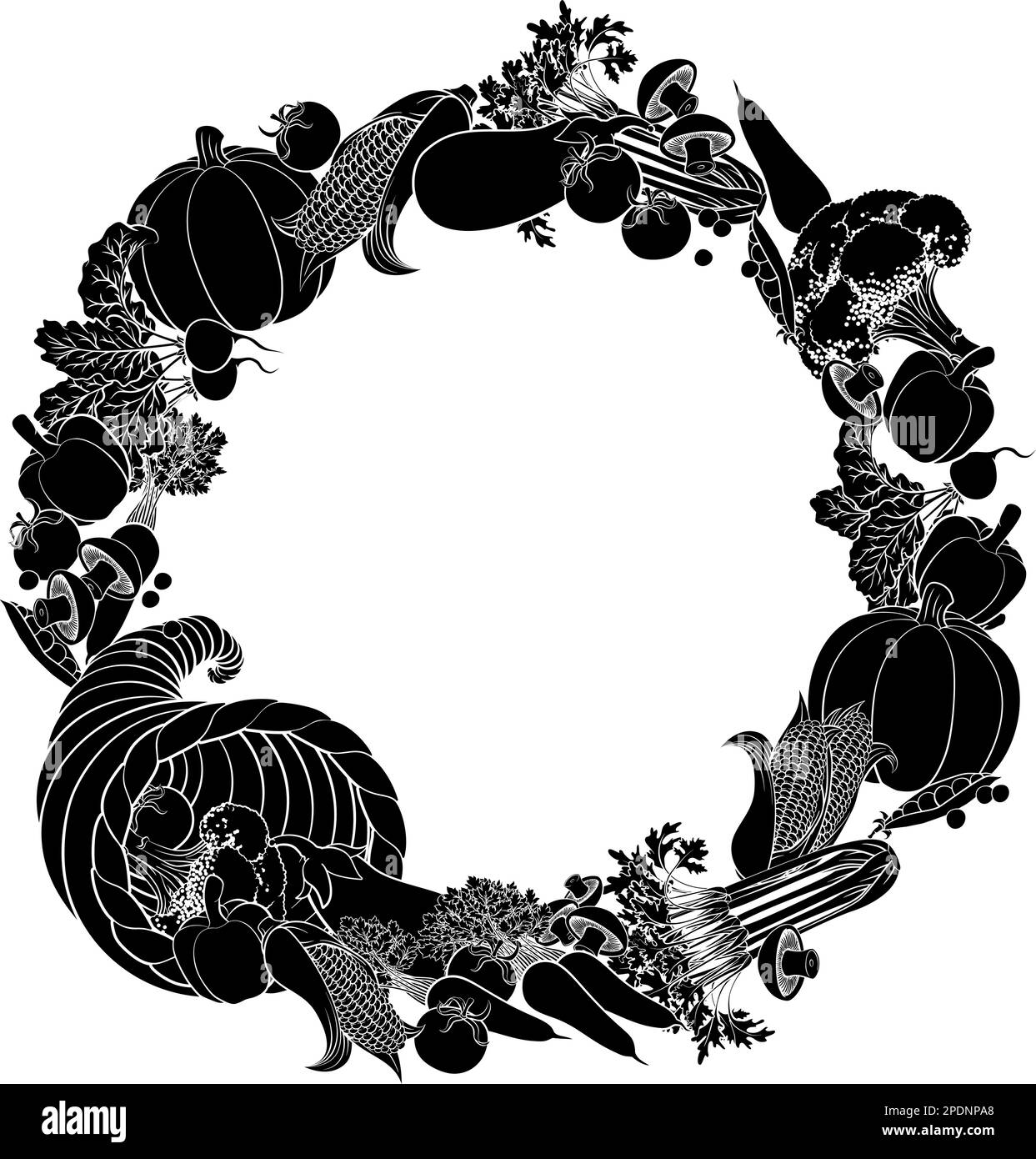 Cornucopia Gold Horn Of Plenty Vegetables Frame Stock Vector