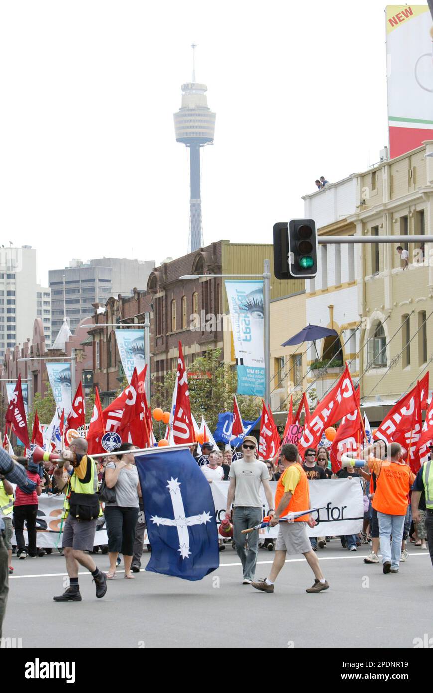 A crowd of 40,000 marches through Sydney in protest at the Liberal (conservative) government’s Industrial Relations policies and changes to workplace laws. The march preceded a concert at the Sydney Cricket Ground that featured a line-up of popular Australian bands. Sydney, Australia. 22.04.07. Stock Photo