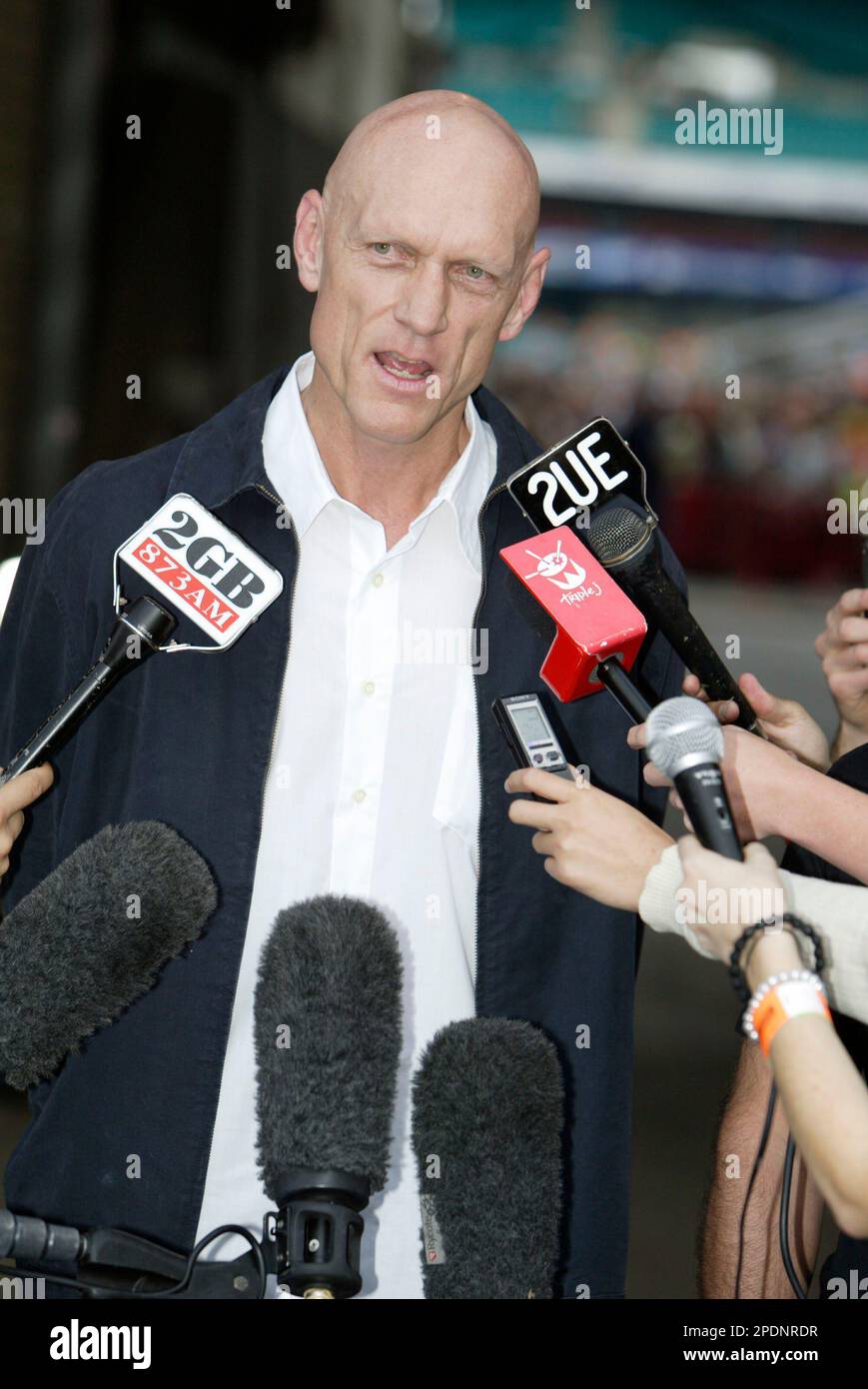 Peter Garrett, Australian Labor Party minister and vocalist with politically motivated rock group Midnight Oil, speaking at the Rockin' 4 Rights concert at Sydney Cricket Ground to a 40,000-strong crowd protesting the Liberal (conservative) government’s Industrial Relations policies and changes to workplace laws. A protest march through the streets of Sydney’s city centre preceded the concert. Sydney, Australia. 22.04.07. Stock Photo