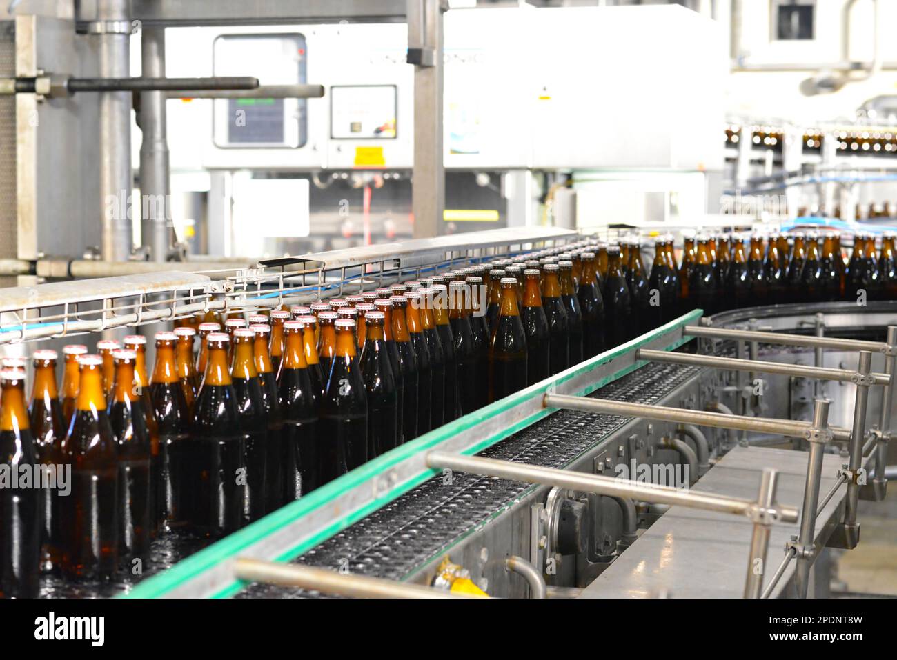 beer bottles on the assembly line in a modern brewery industrial
