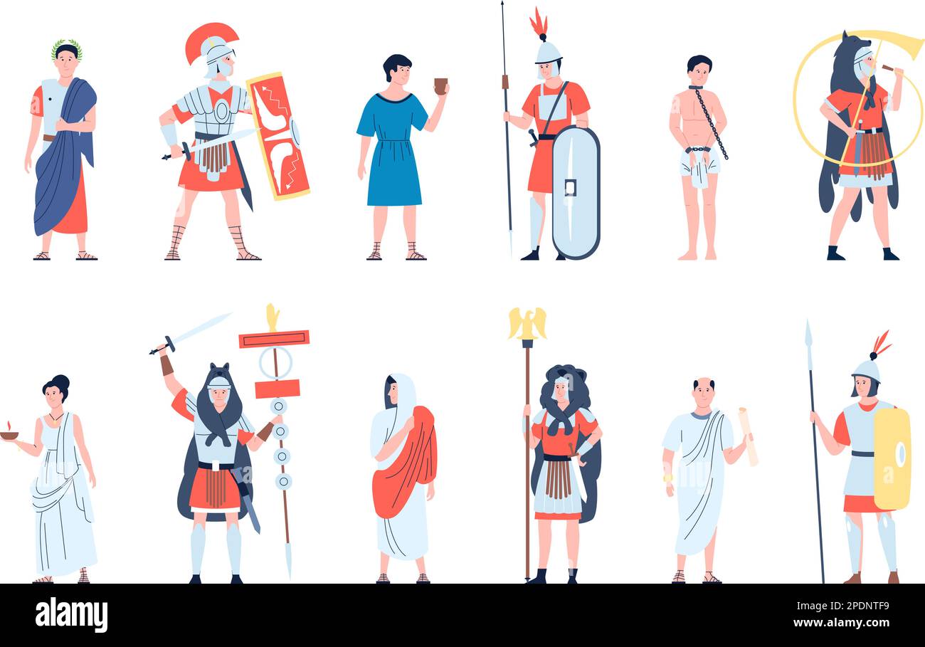 Ancient people roman in toga, rome characters. Greek person, empire civilization warriors and soldiers and citizens. Cartoon flat recent vector Stock Vector