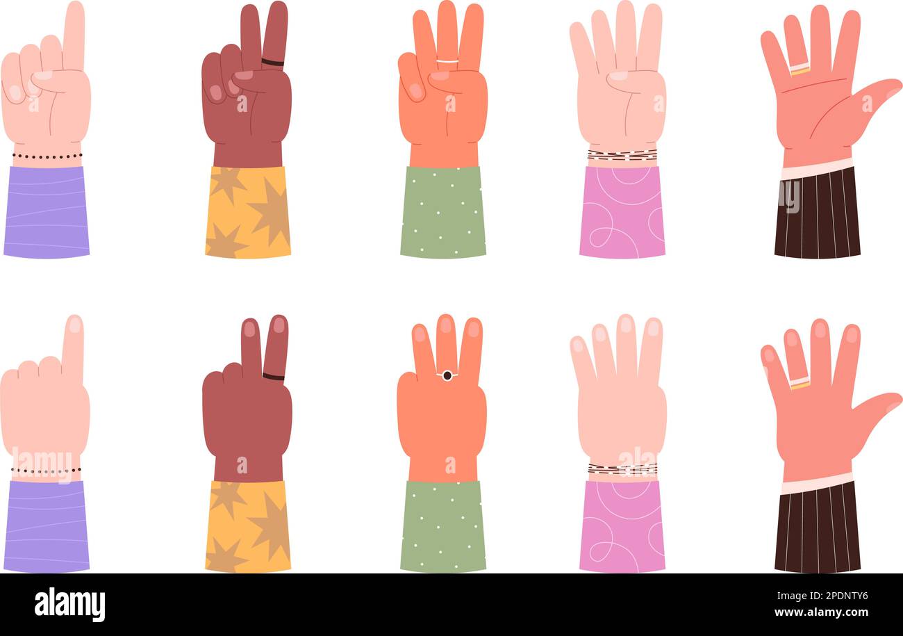 Hands counting from 1 to 5. Preschool teaching, study numbers and count. Cartoon fingers on open and closed palm. Hand gesture racy vector set Stock Vector