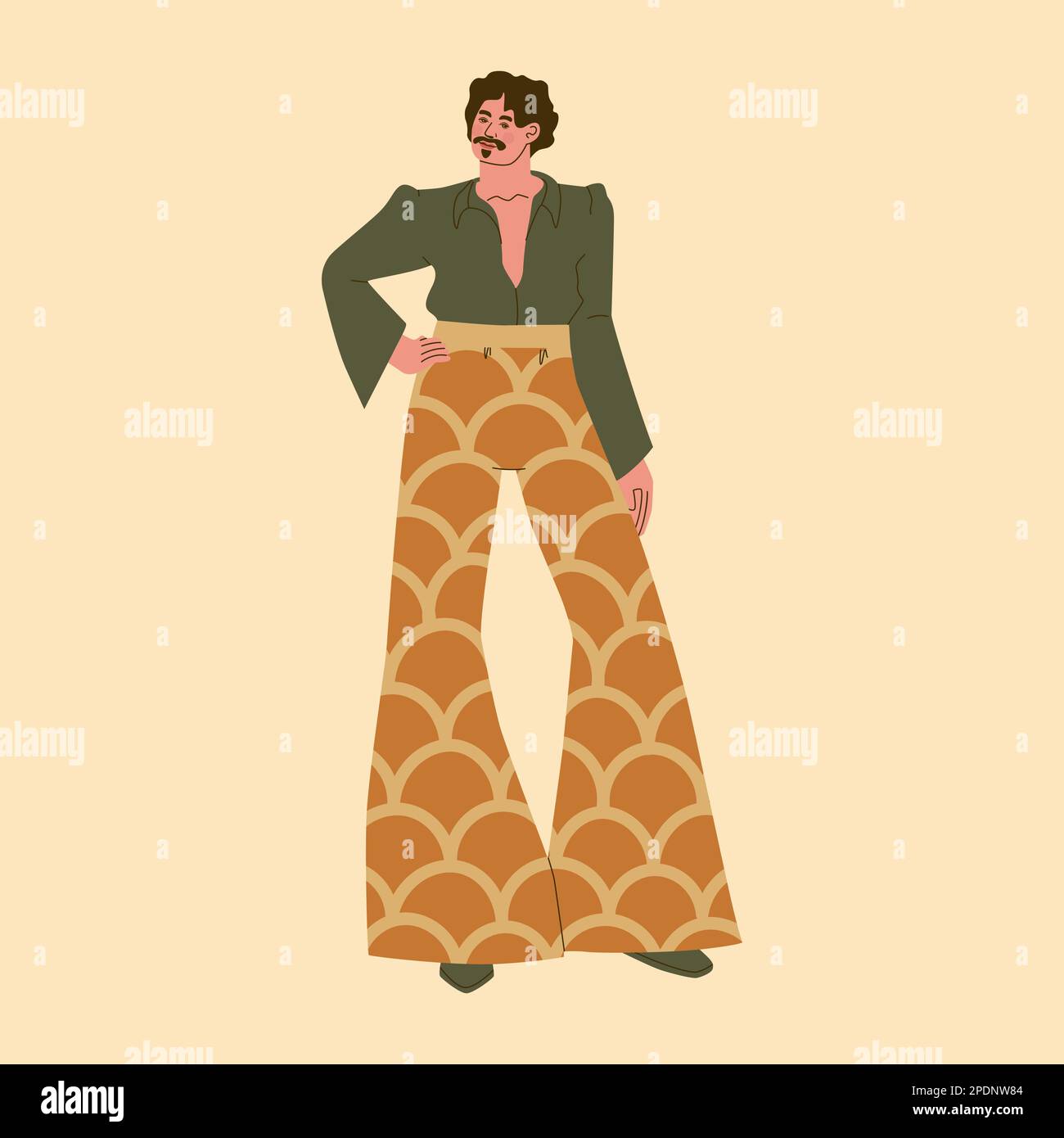 Fashion and style of the 70s. Cute young man in wide flared pants, a blouse with wide sleeves. Vector trendy illustration. Stock Vector