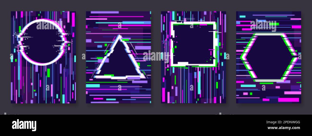 Futuristic technology banners, noise effect cover graphic design. Glitch neon colors frames, vector digital noise templates Stock Vector