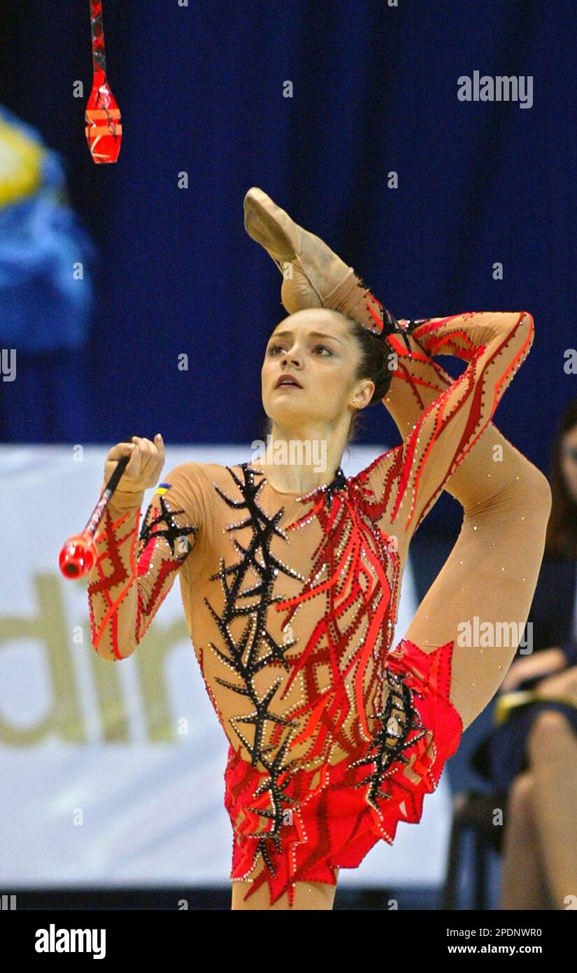 Ukraine's Anna Bessonova performs for silver with clubs during the ...