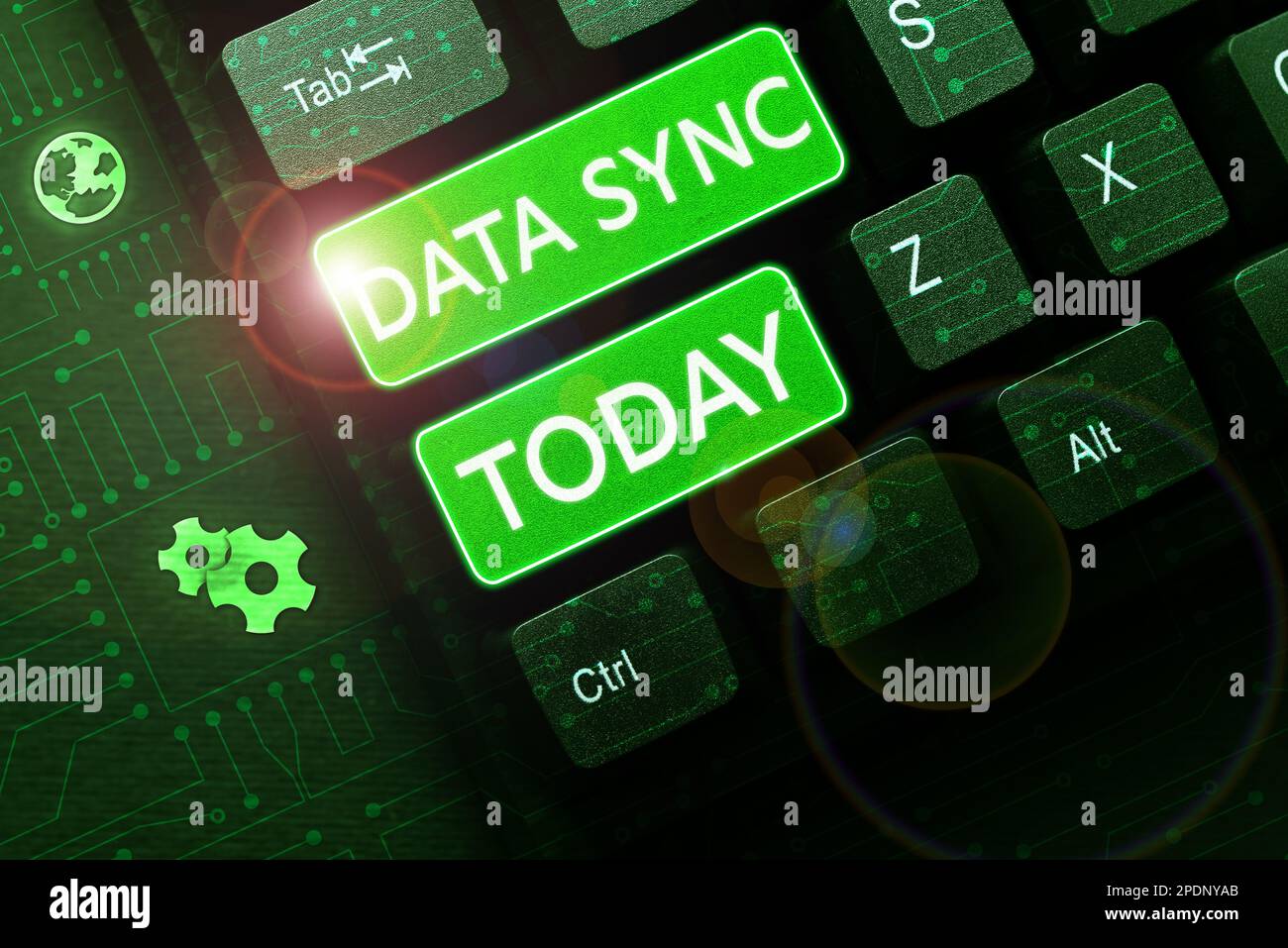 Conceptual caption Data Sync. Business showcase data that is continuously generated by different sources Stock Photo