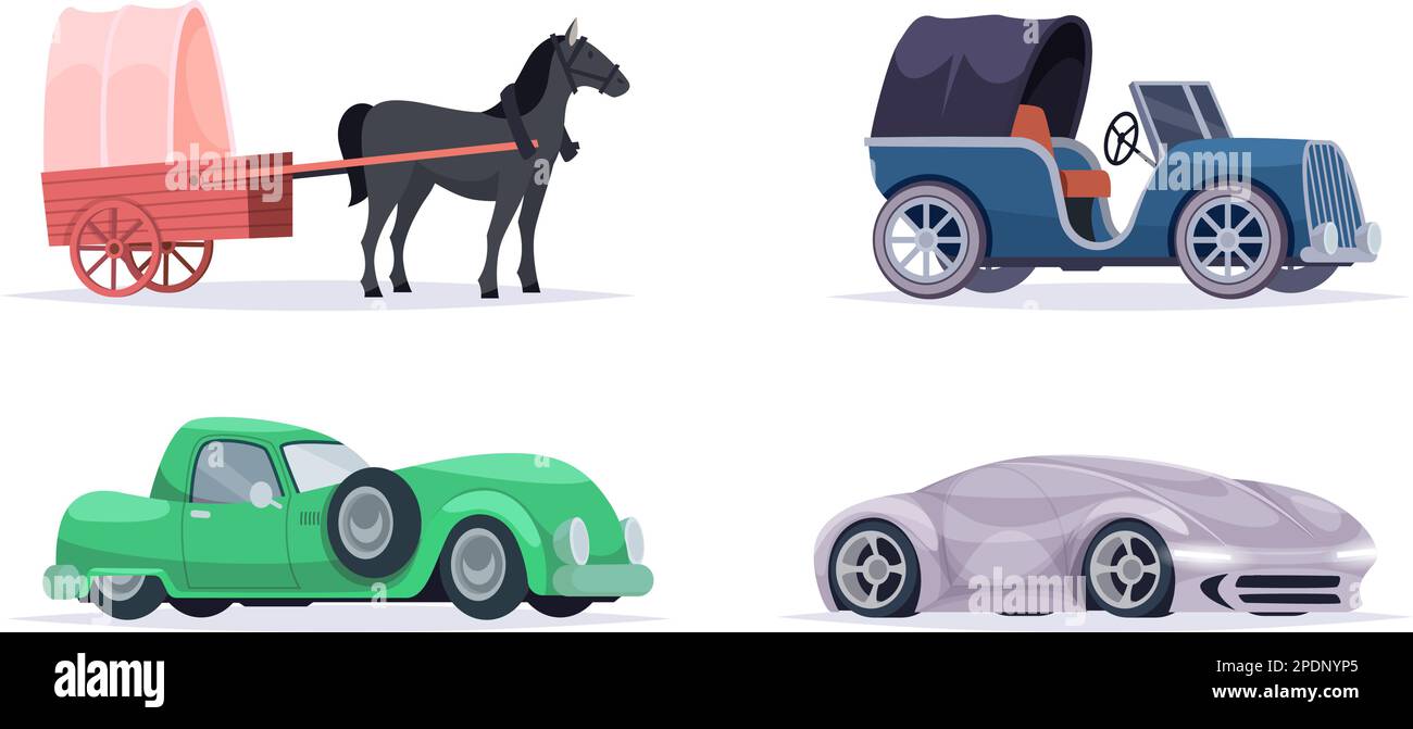Vintage and new cars. Models transport old carriages exact vector vehicles collection Stock Vector
