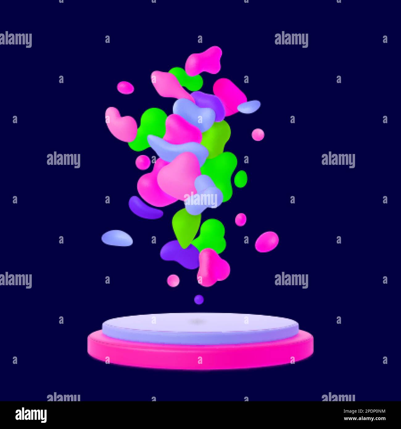 Neon colors splash, 3d liquid shapes bright abstract composition on podium. Retro 80s 90s design, colorful chewing candies. Y2k vector design Stock Vector