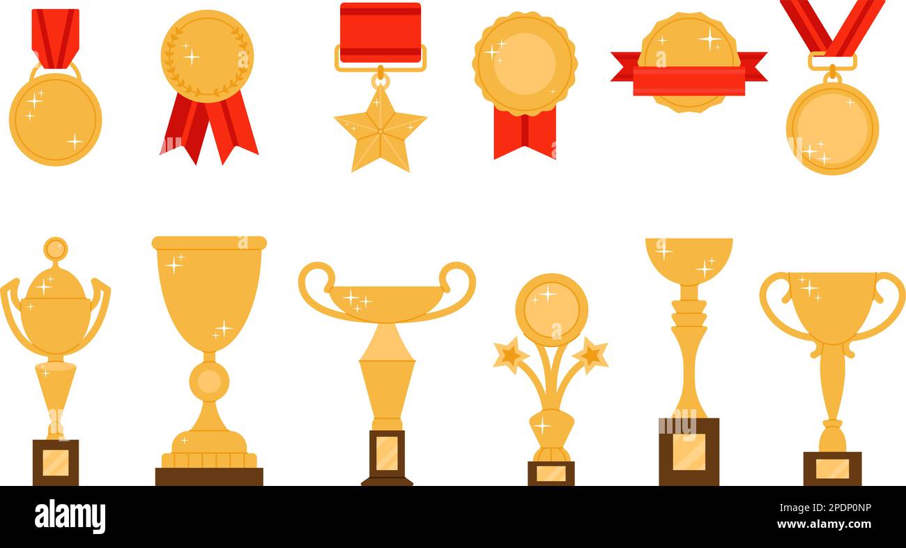 Golden cups and medals, trophies and cup. Tournament winner medal, business success goblet. Award with ribbon, flat modern badges decent vector set Stock Vector