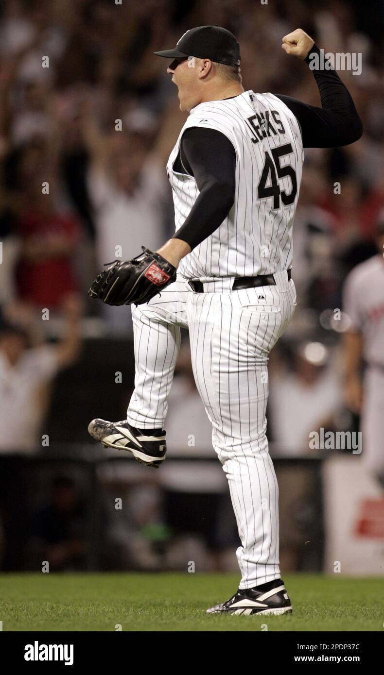 Chicago White Sox reliever Bobby Jenks celebrates after getting the Boston  Red Sox's Edgar Renteria to ground out for the final out of the game during  Game 2 of the American League