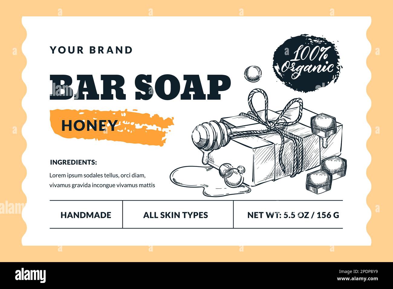 Hand made natural honey soap bar package label or sticker template ...