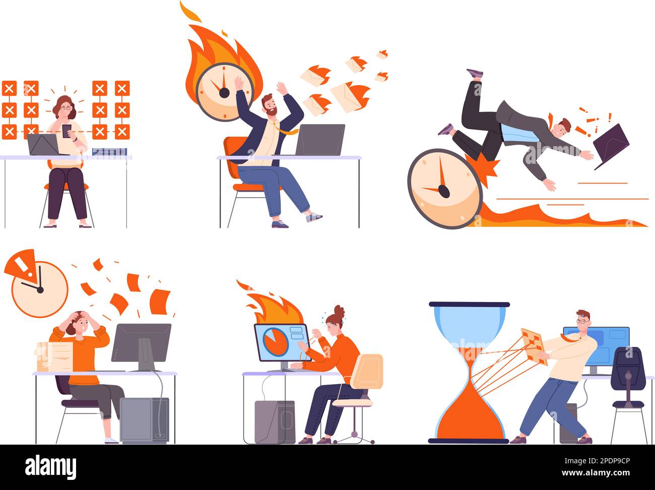 Unability of planning. Unable tasks inefficient plan time work, fail projects lazy people on computer stressful process organized tasking tools, vector illustration of inefficient task and planning Stock Vector