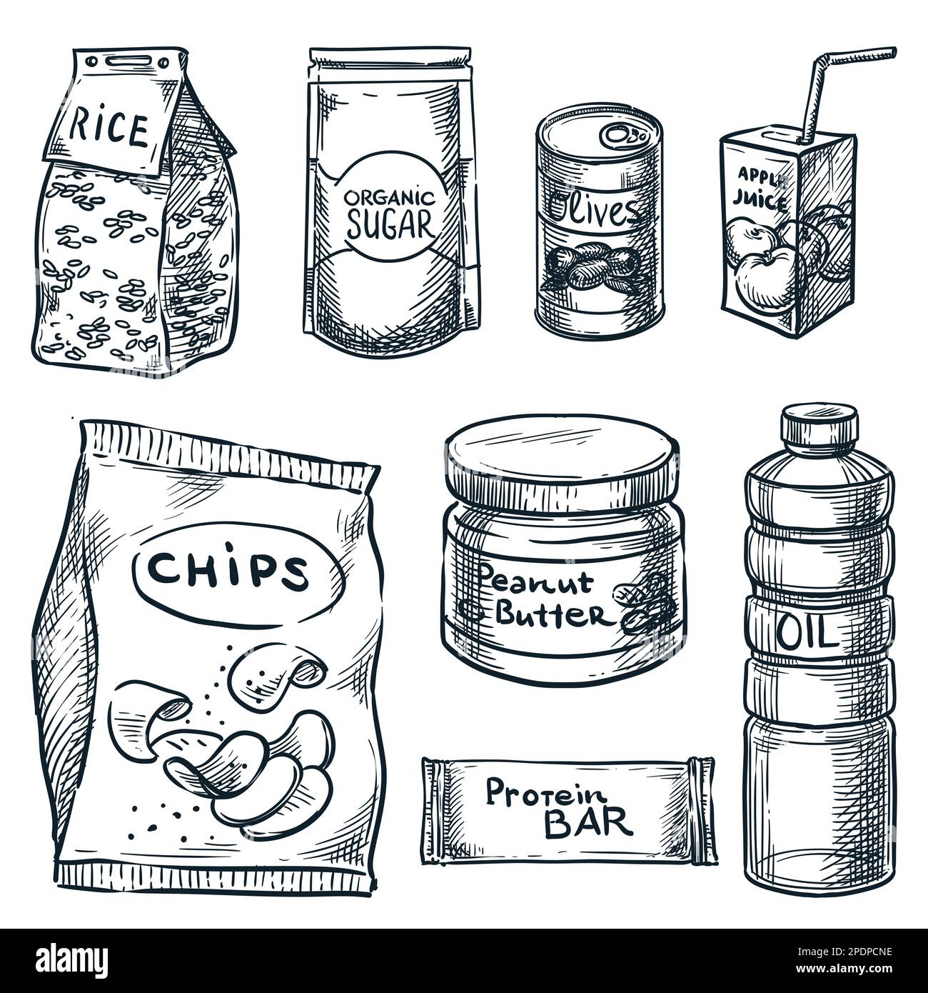 Food in plastic packaging, can, jar or bottle, hand drawn vector sketch