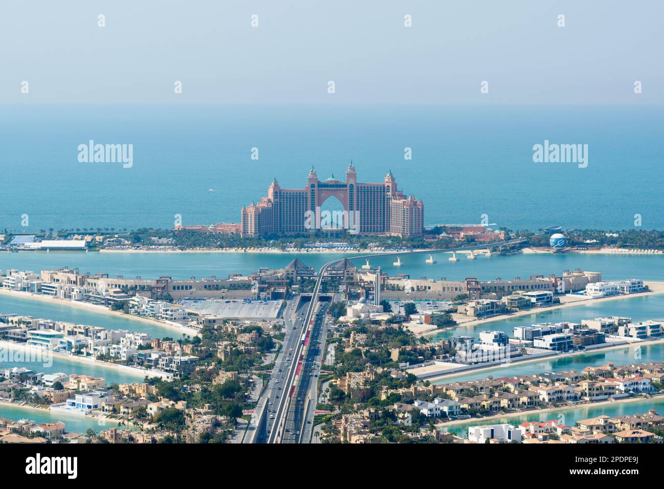 View of Atlantis The Palm Hotel Resort from The View at the Palm, Palm Jumeirah, Dubai, United Arab Emirates Stock Photo