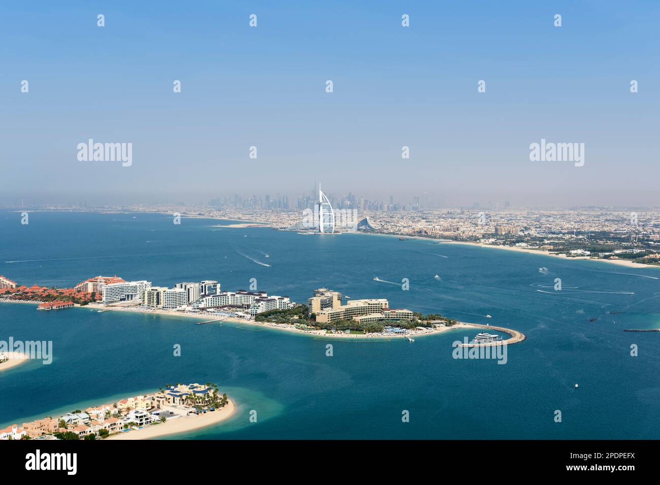 View of Burj Al Arab hotel, Burj Kalifa, Jumeirah Beach and Downtown Dubai from The View at the Palm, Palm Jumeirah, Dubai, United Arab Emirates Stock Photo