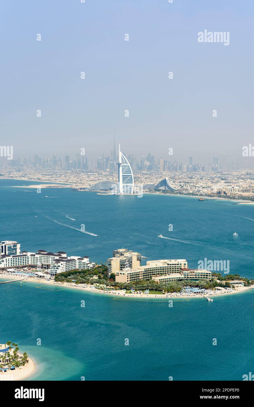 View of Burj Al Arab hotel, Burj Kalifa, Jumeirah Beach and Downtown Dubai from The View at the Palm, Palm Jumeirah, Dubai, United Arab Emirates Stock Photo