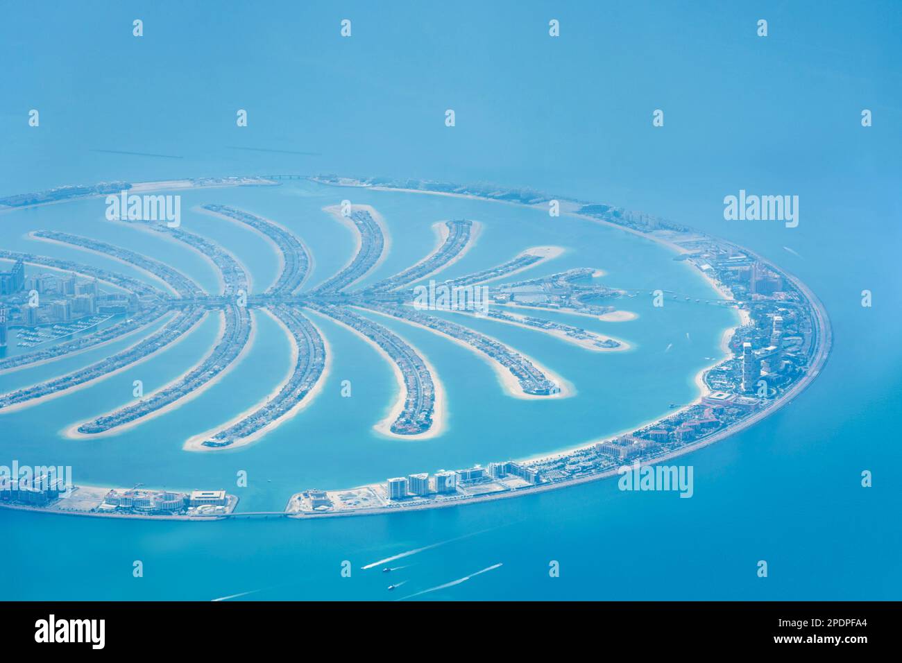 Aerial view of Palm Jumeirah, a palm shaped island created from reclaimed land in Dubai, United Arab Emirates Stock Photo
