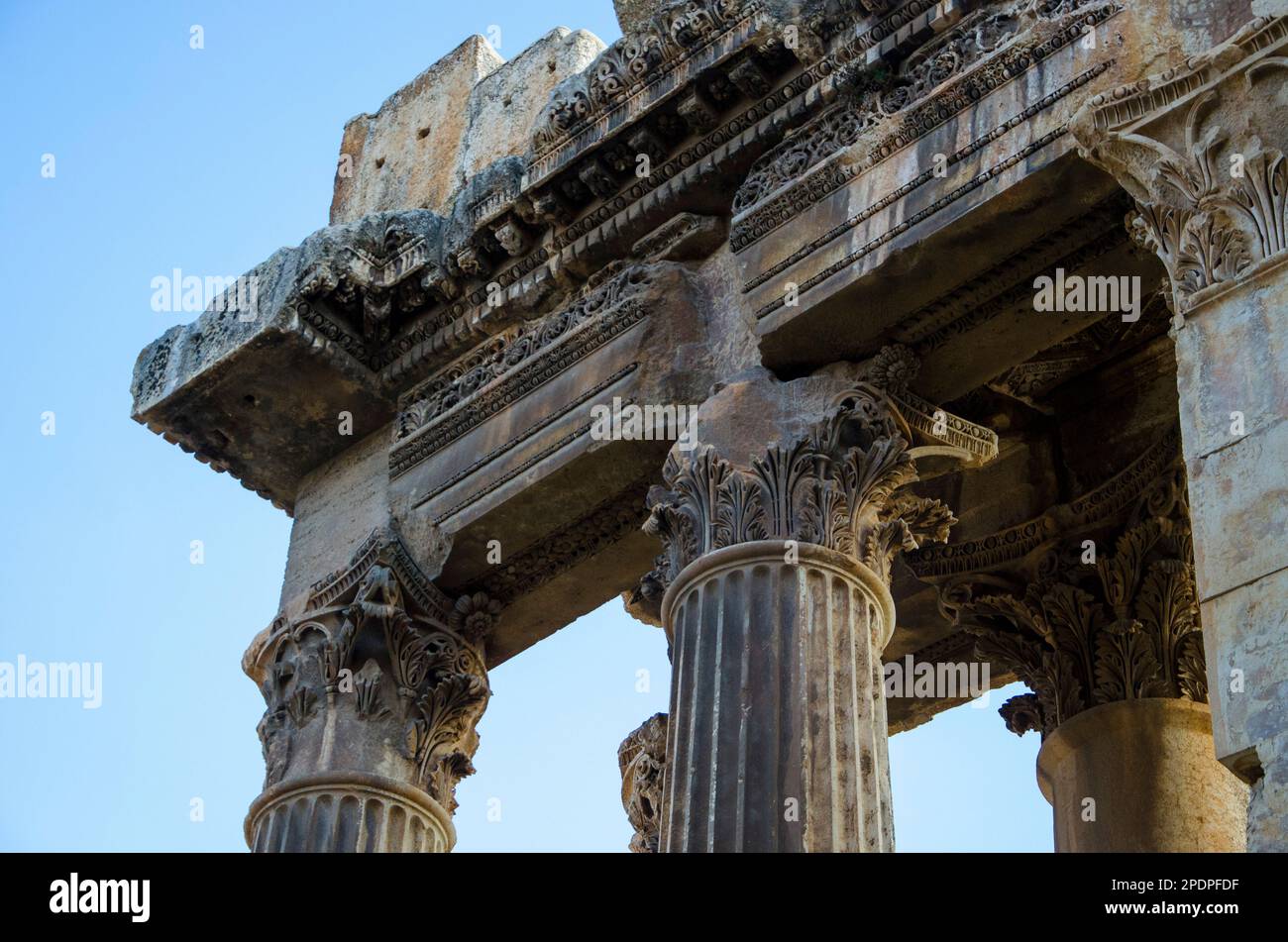 Lebanon. Baalbek. Ancient temple, Heliopolis ruins. Architecture, Corinthian, classical orders. Heliopolis in Phoenicia. Achitectural element. Stock Photo