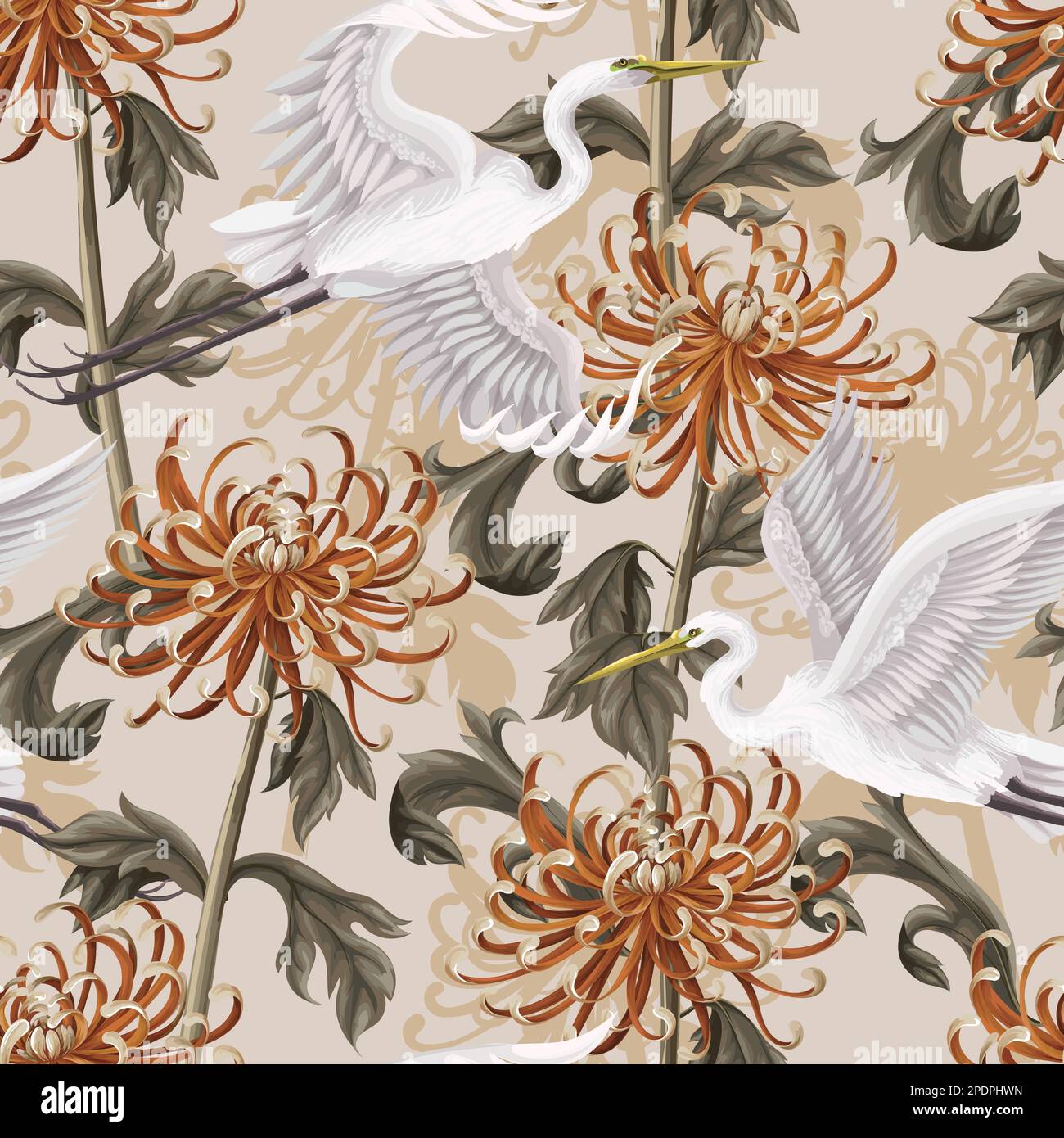 Seamless pattern with white heron and chrysanthemum, golden-daisy. Vector. Stock Vector