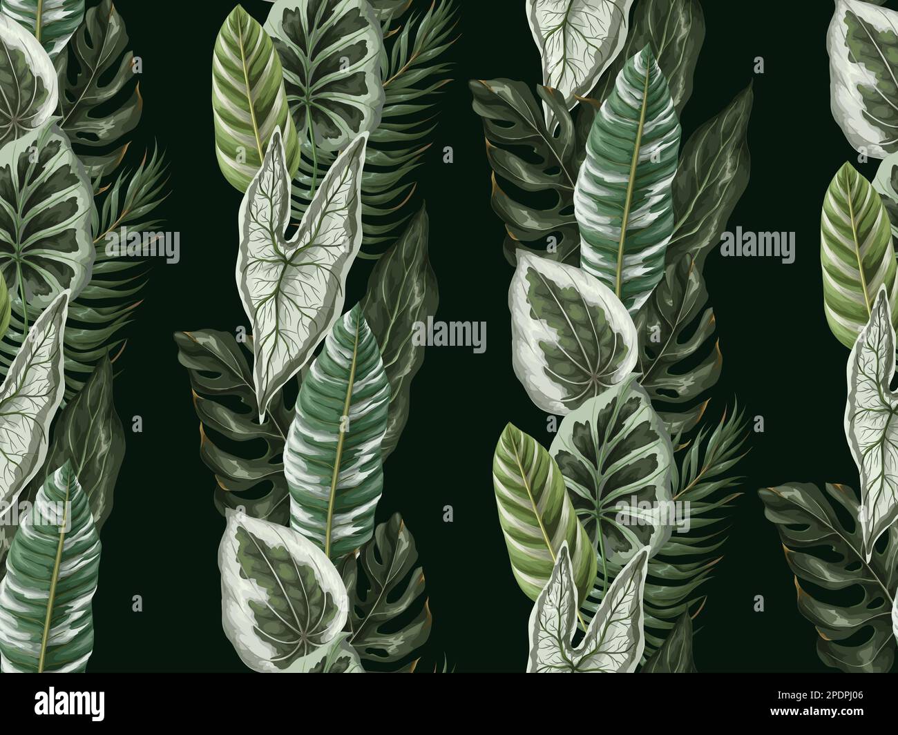 Seamless pattern with tropical leaves on the black background. Vector ...