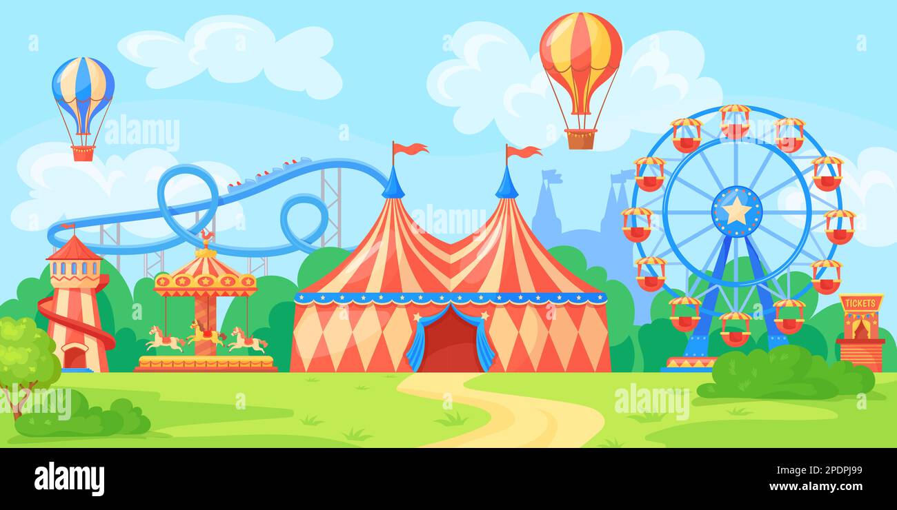 Fairground landscape. Panoramic amusement park, entertainment in ...