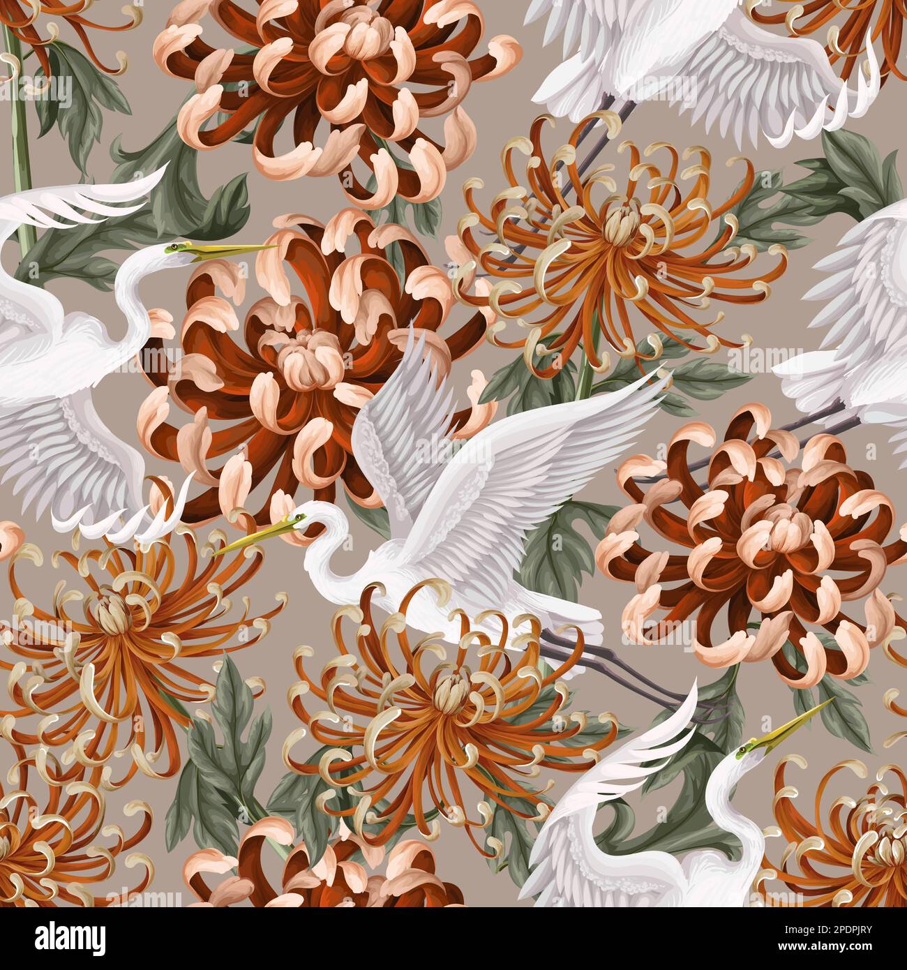 Seamless pattern with white heron and chrysanthemum, golden-daisy. Vector. Stock Vector