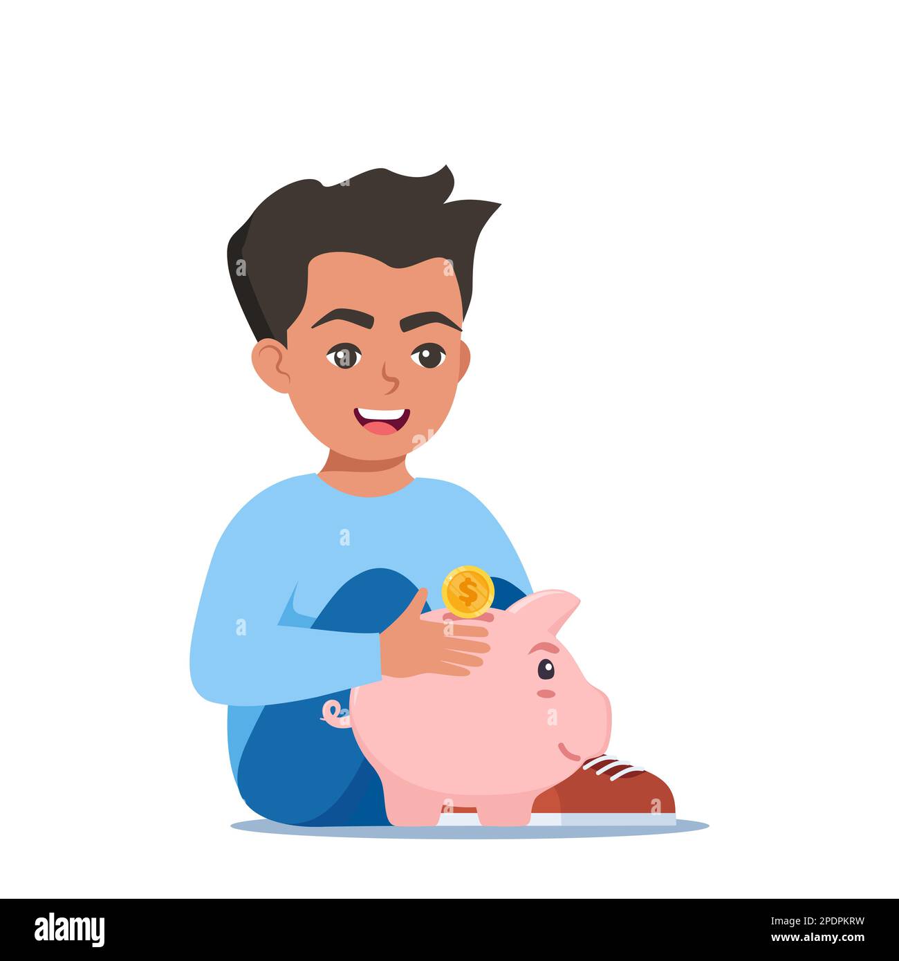 Happy boy kid putting a gold coin into a piggy bank. Money saving, economy. Vector illustration Stock Vector