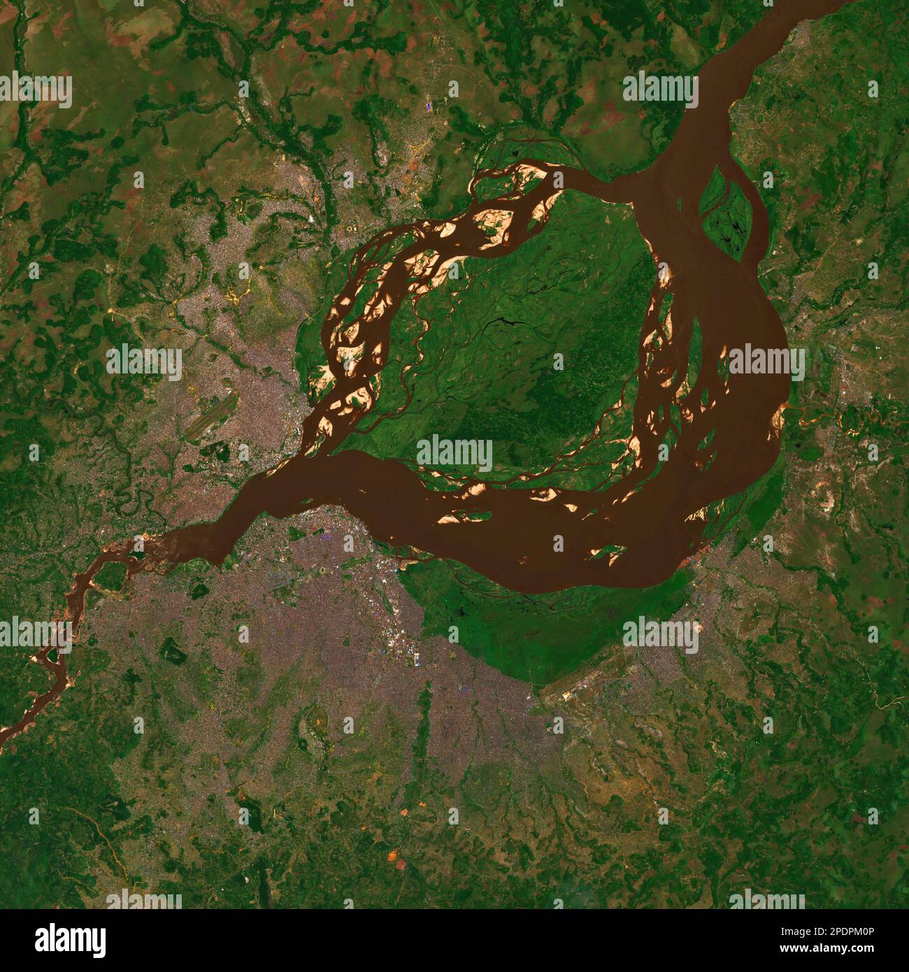 Brazzaville and Kinshasa with Congo River and Pool Malebo seen from space - contains modified Copernicus Sentinel Data (2022) Stock Photo