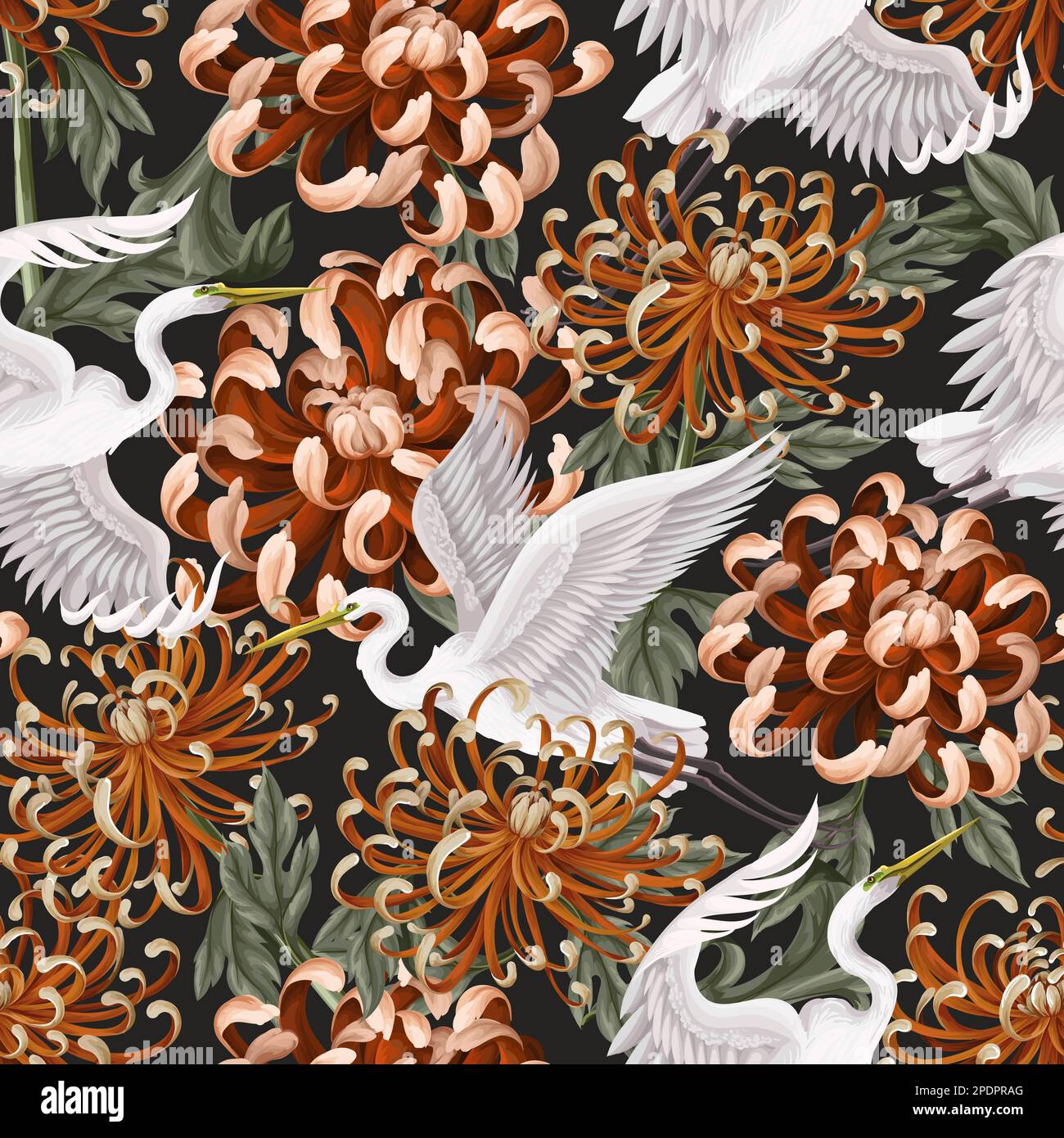 Seamless pattern with white heron and chrysanthemum, golden-daisy. Vector. Stock Vector
