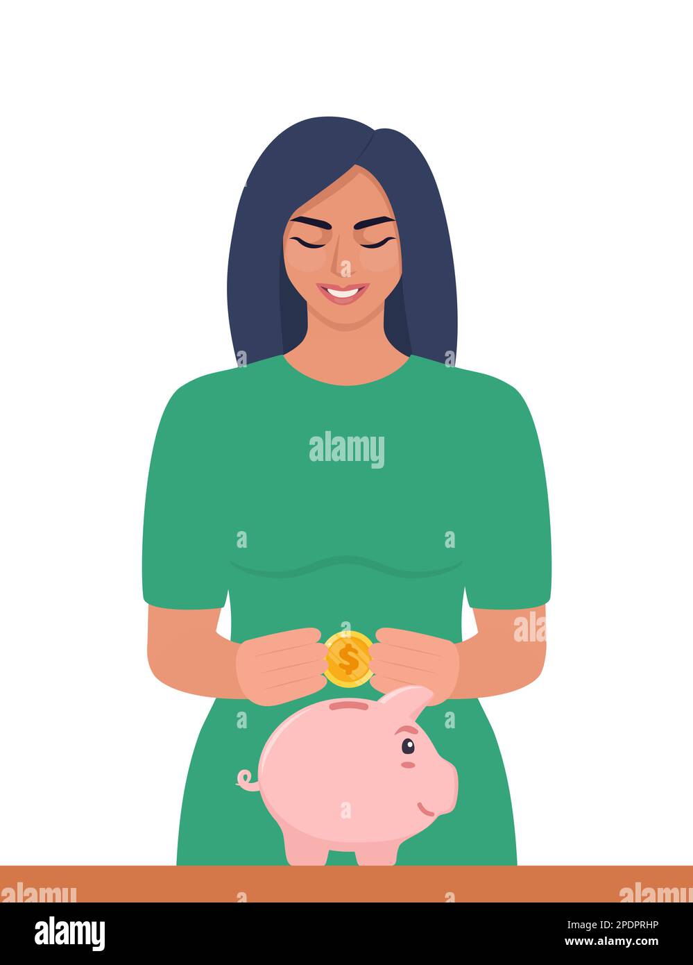Young woman putting a gold coin into a piggy bank. Money saving ...