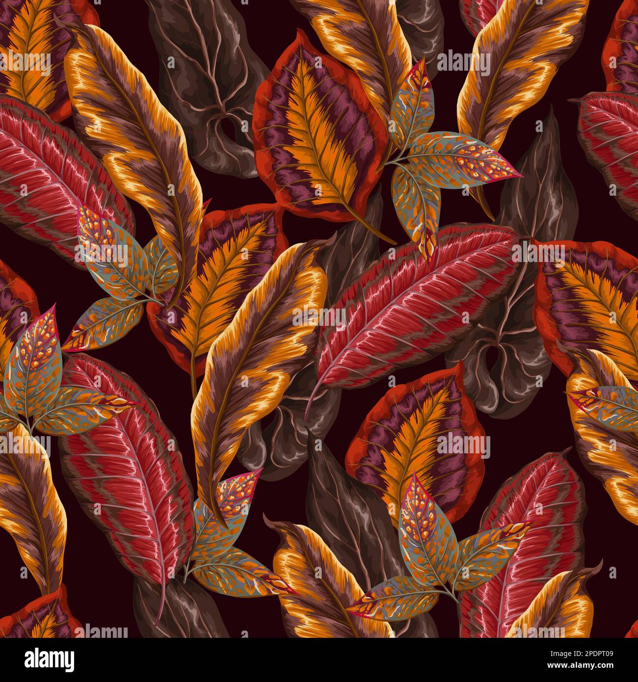 Vivid seamless pattern with tropical leaves in warm color. Vector Stock ...