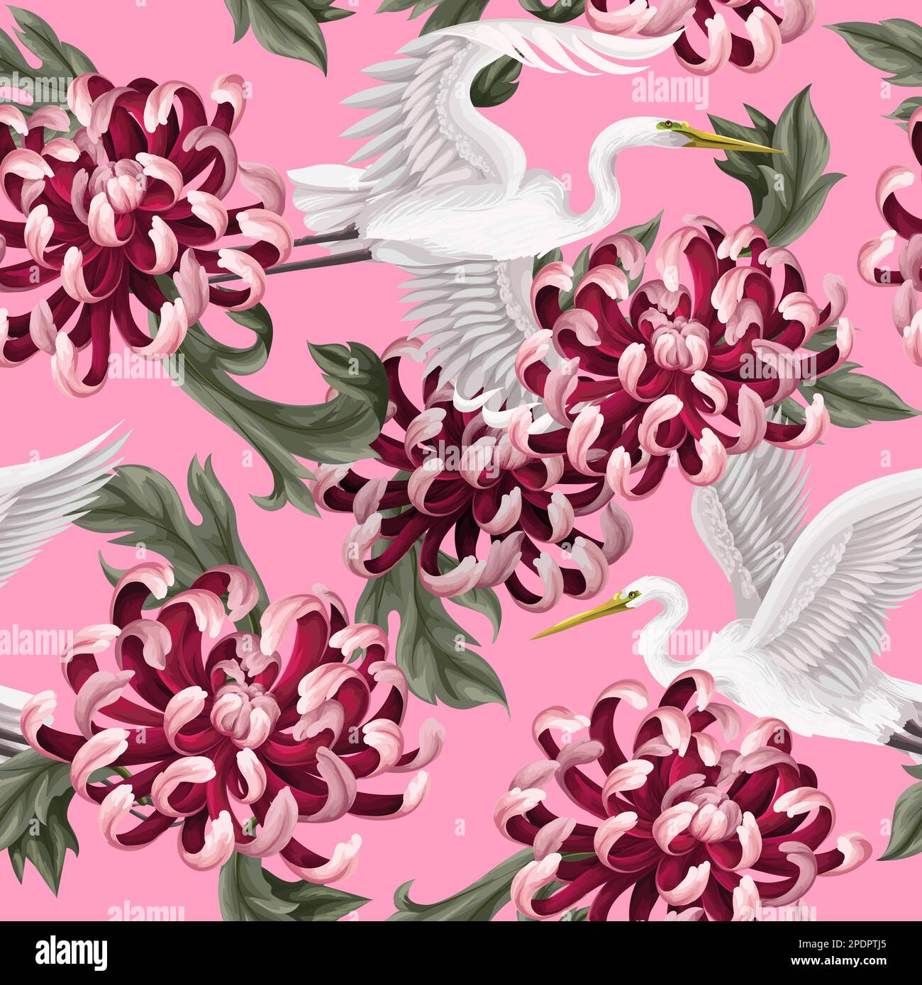Seamless pattern with white heron and chrysanthemum, golden-daisy. Vector. Stock Vector