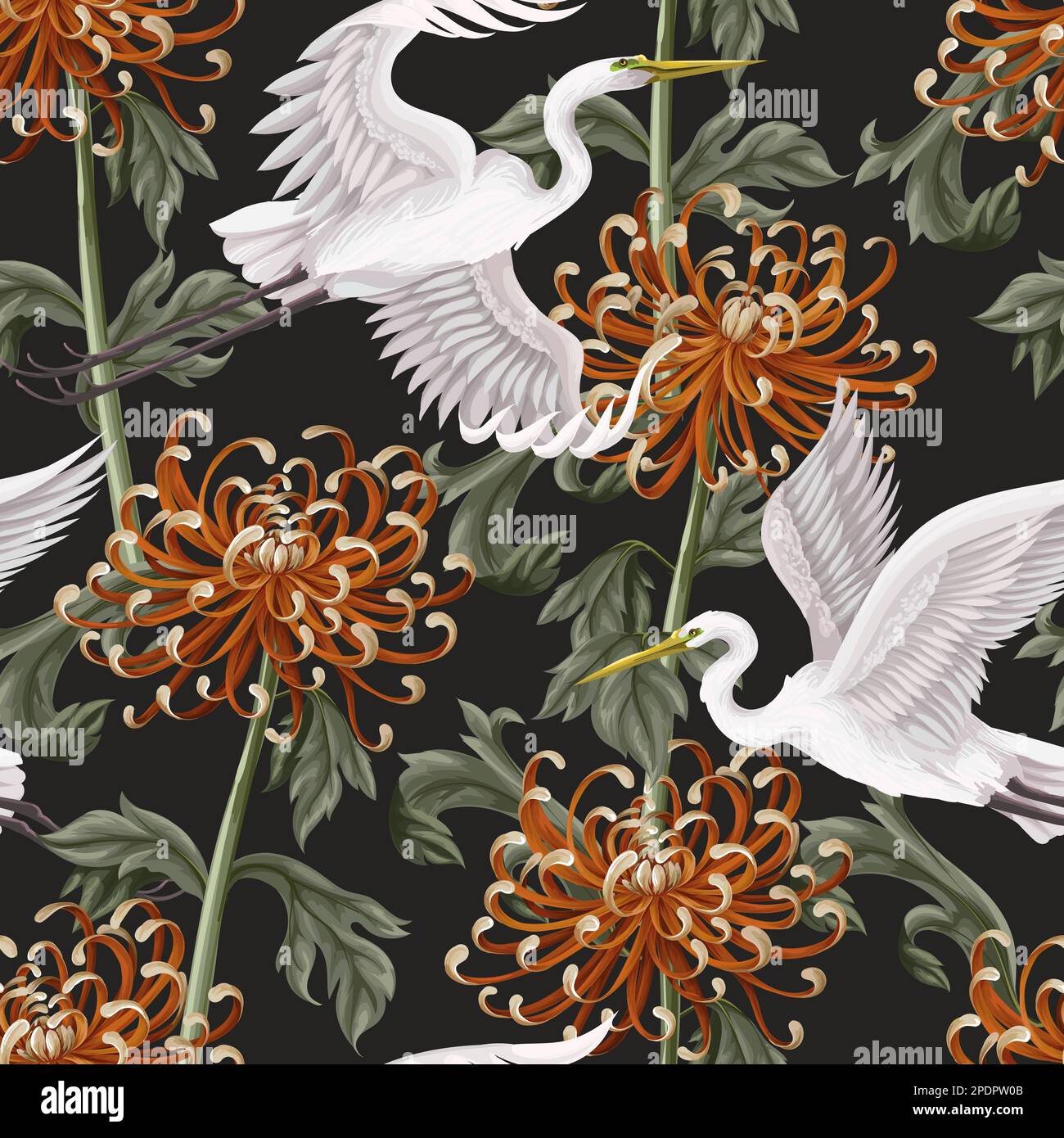 Seamless pattern with white heron and chrysanthemum, golden-daisy. Vector. Stock Vector