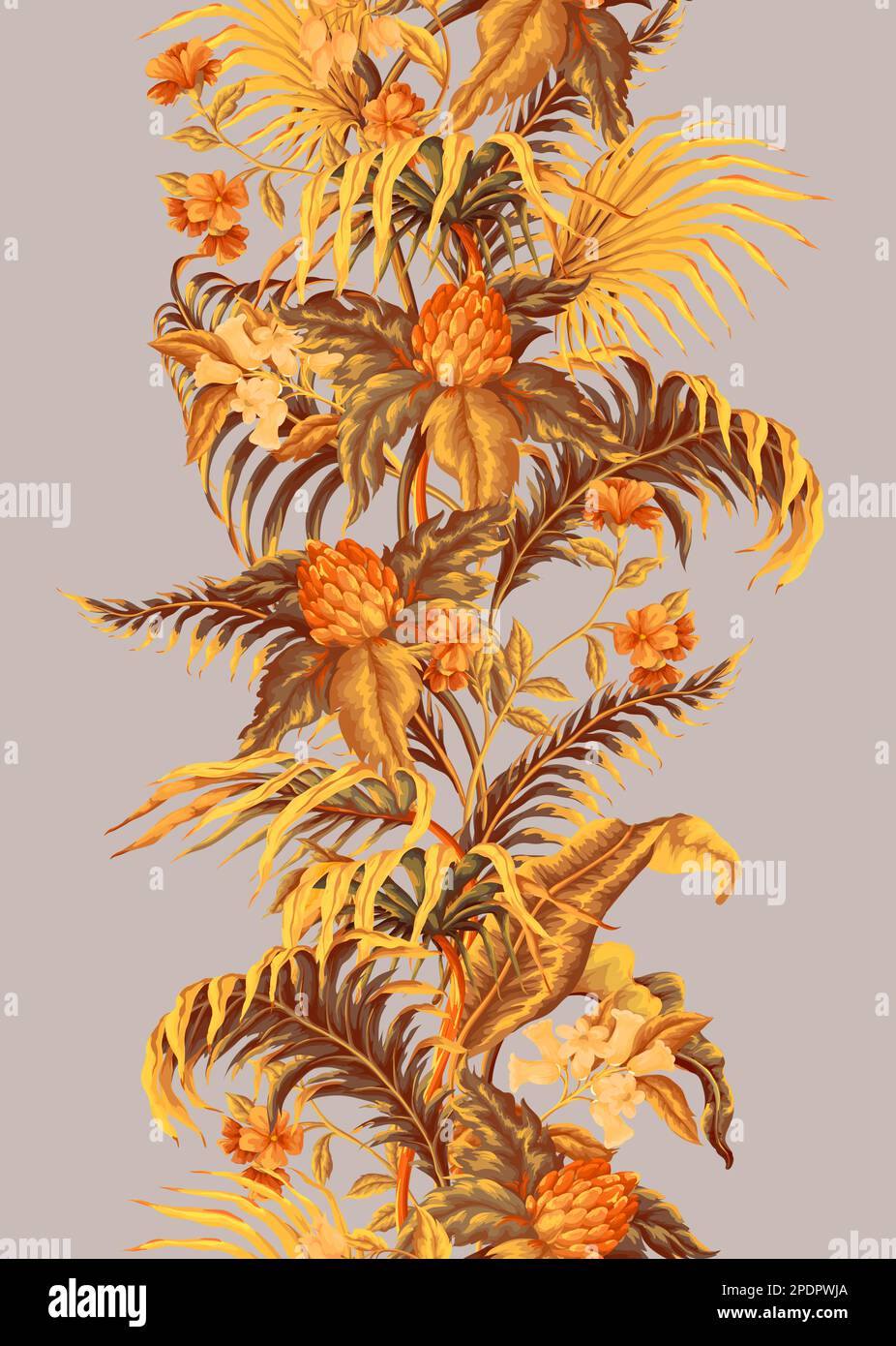 Border with tropical leaves, plants and flowers. Vector. Stock Vector