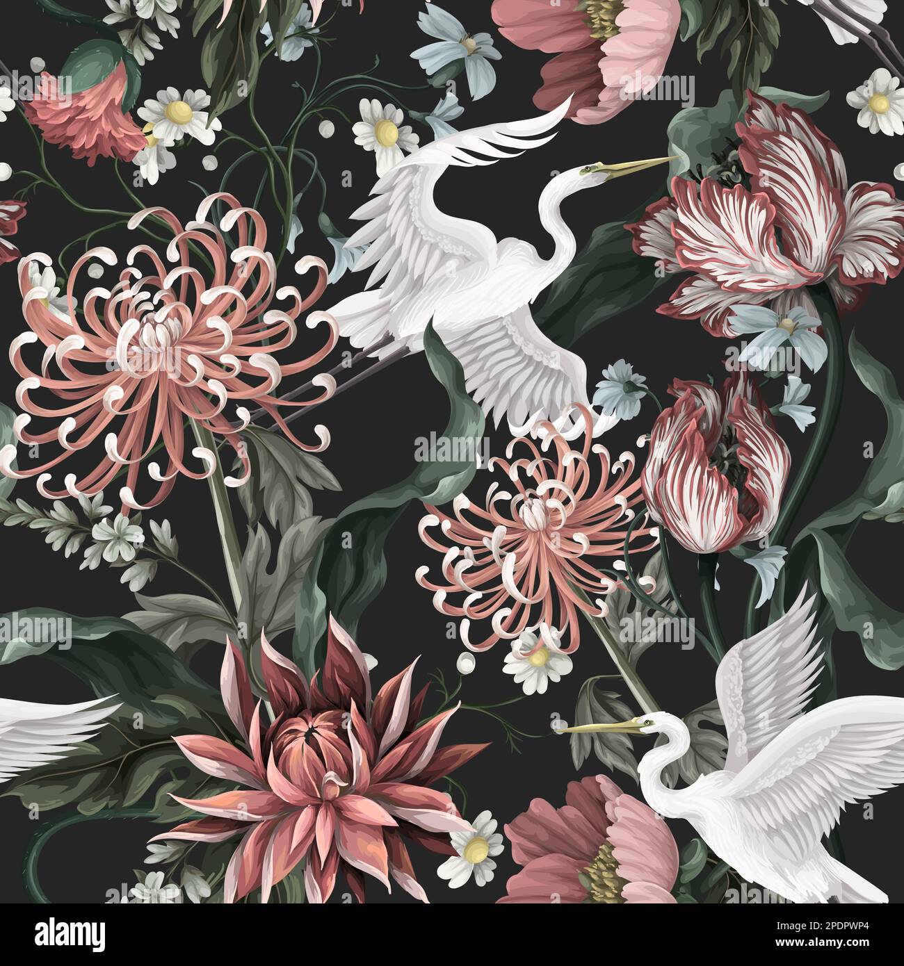 Seamless pattern with white heron and chrysanthemum, golden-daisy. Vector. Stock Vector