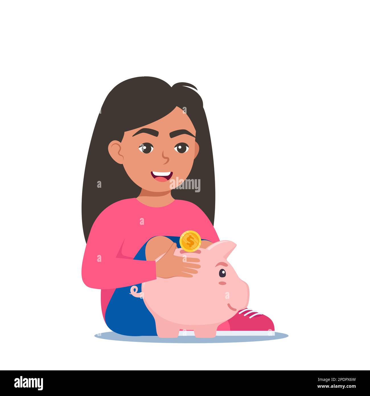 Happy girl kid putting a gold coin into a piggy bank. Money saving, economy. Vector illustration Stock Vector