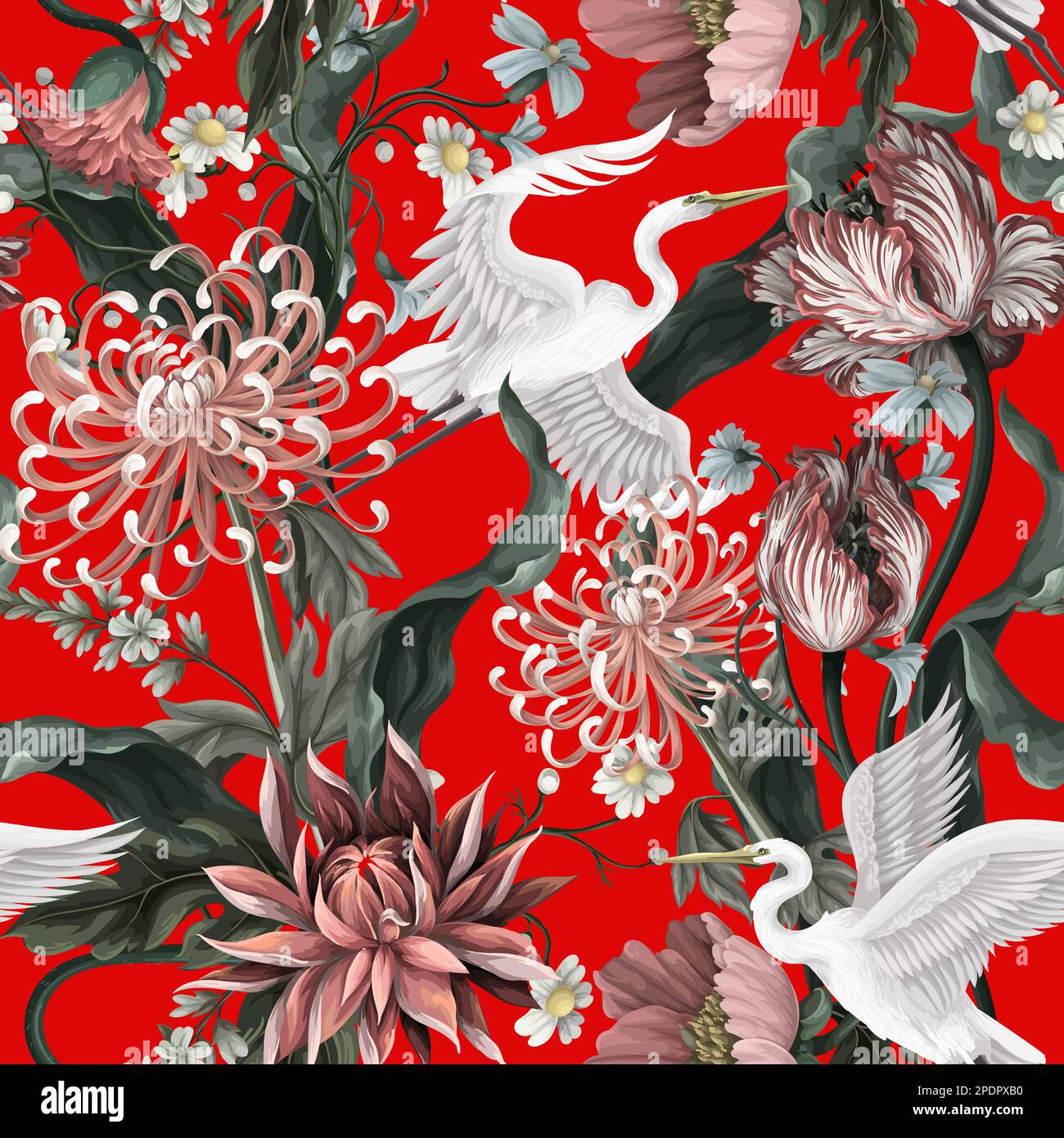 Seamless pattern with white heron and chrysanthemum, golden-daisy. Vector. Stock Vector