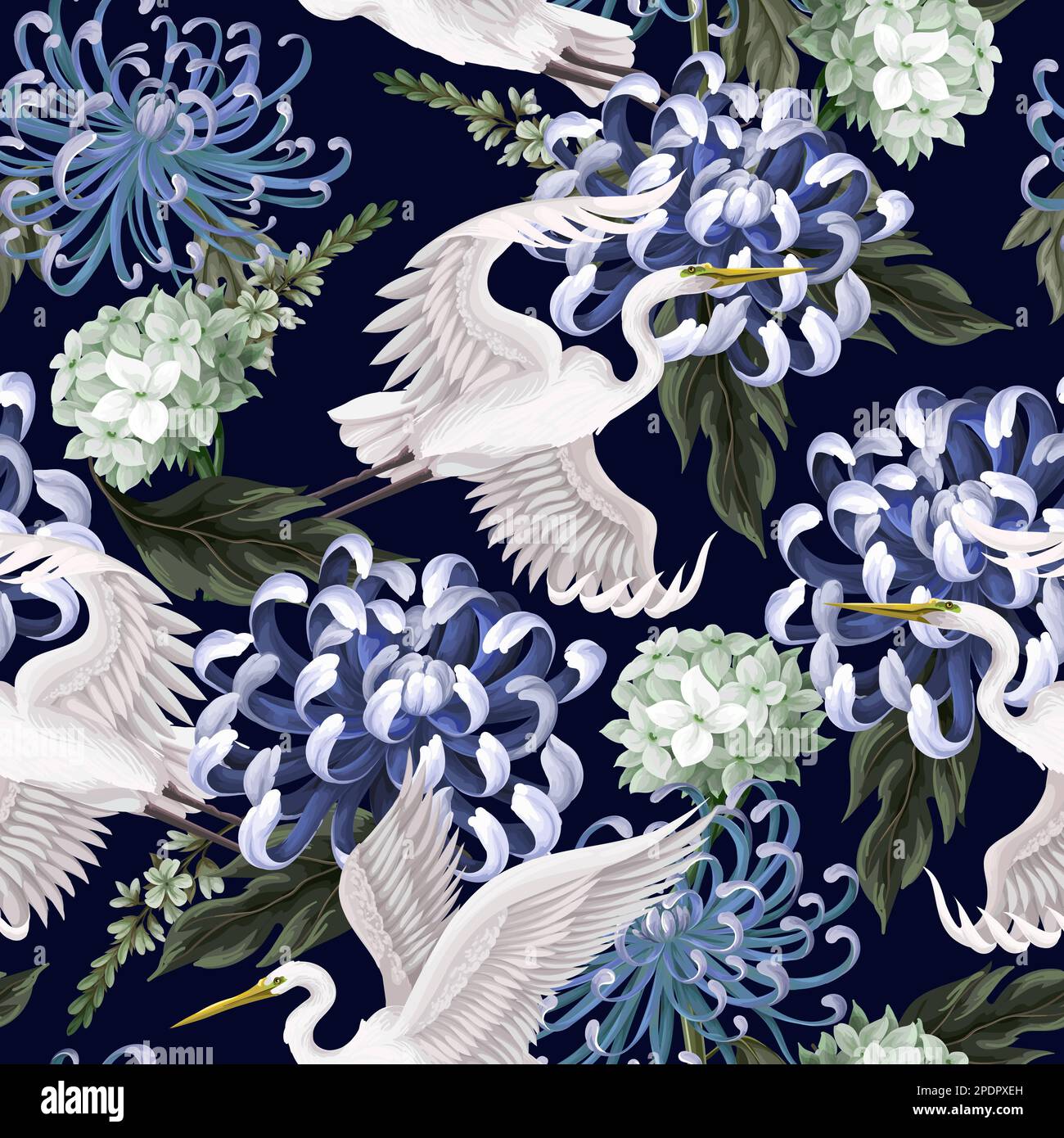 Seamless pattern with white heron and chrysanthemum, golden-daisy. Vector. Stock Vector