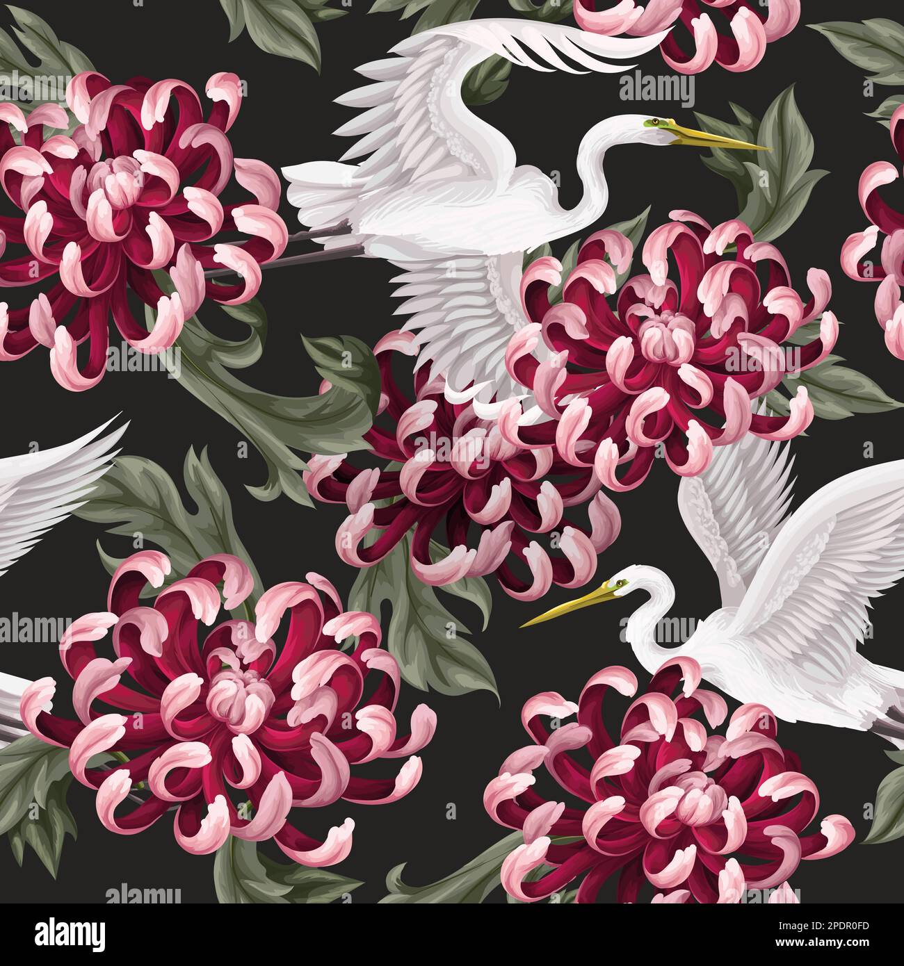 Seamless pattern with white heron and chrysanthemum, golden-daisy. Vector. Stock Vector