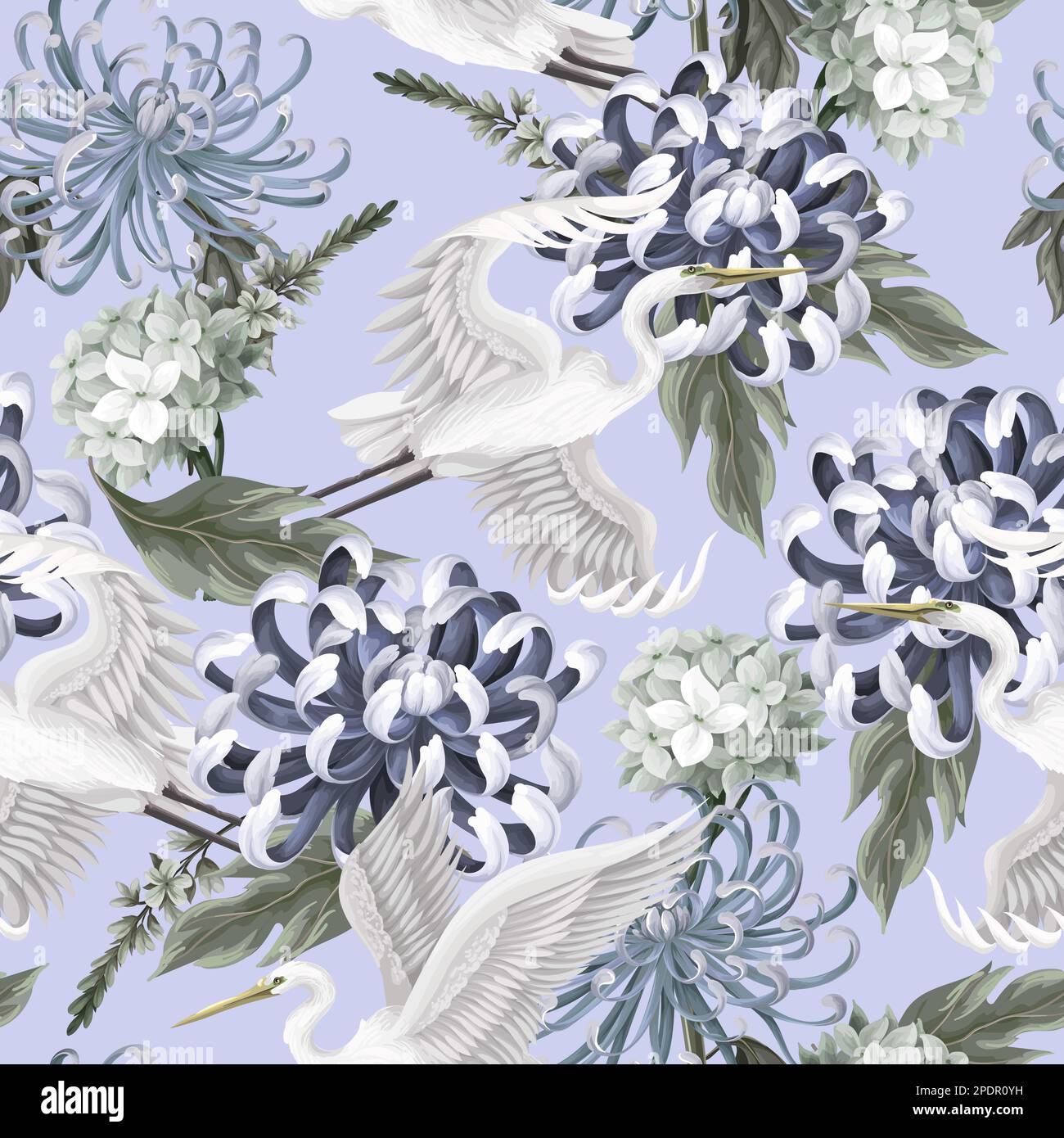 Seamless pattern with white heron and chrysanthemum, golden-daisy. Vector. Stock Vector