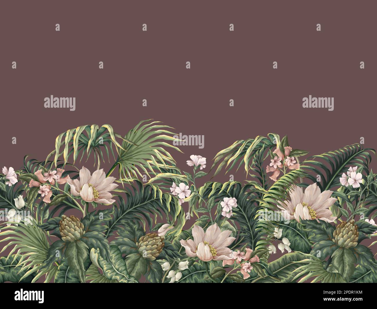 Border with tropical leaves, plants and flowers. Vector. Stock Vector
