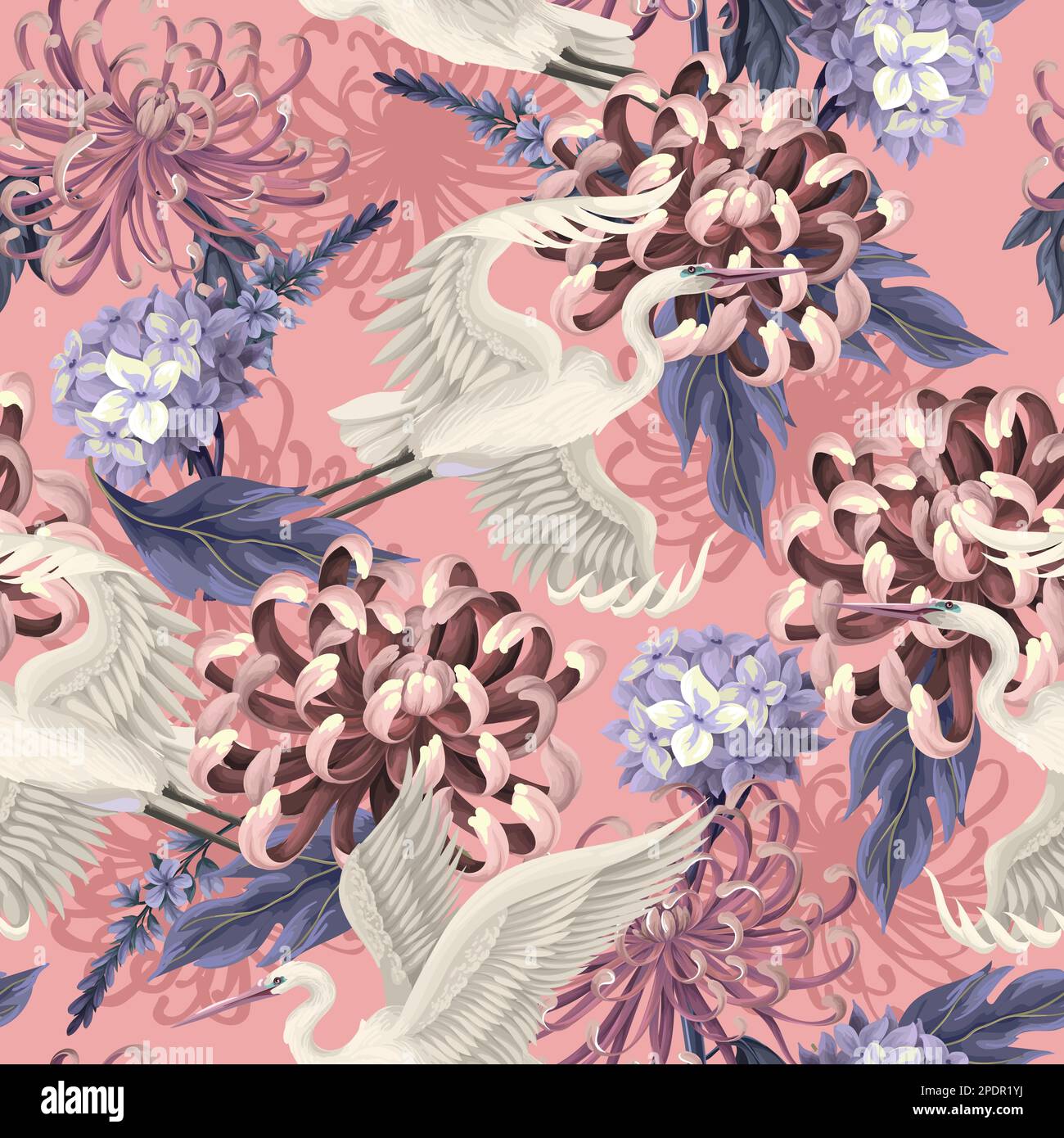 Seamless pattern with white heron and chrysanthemum, golden-daisy. Vector. Stock Vector