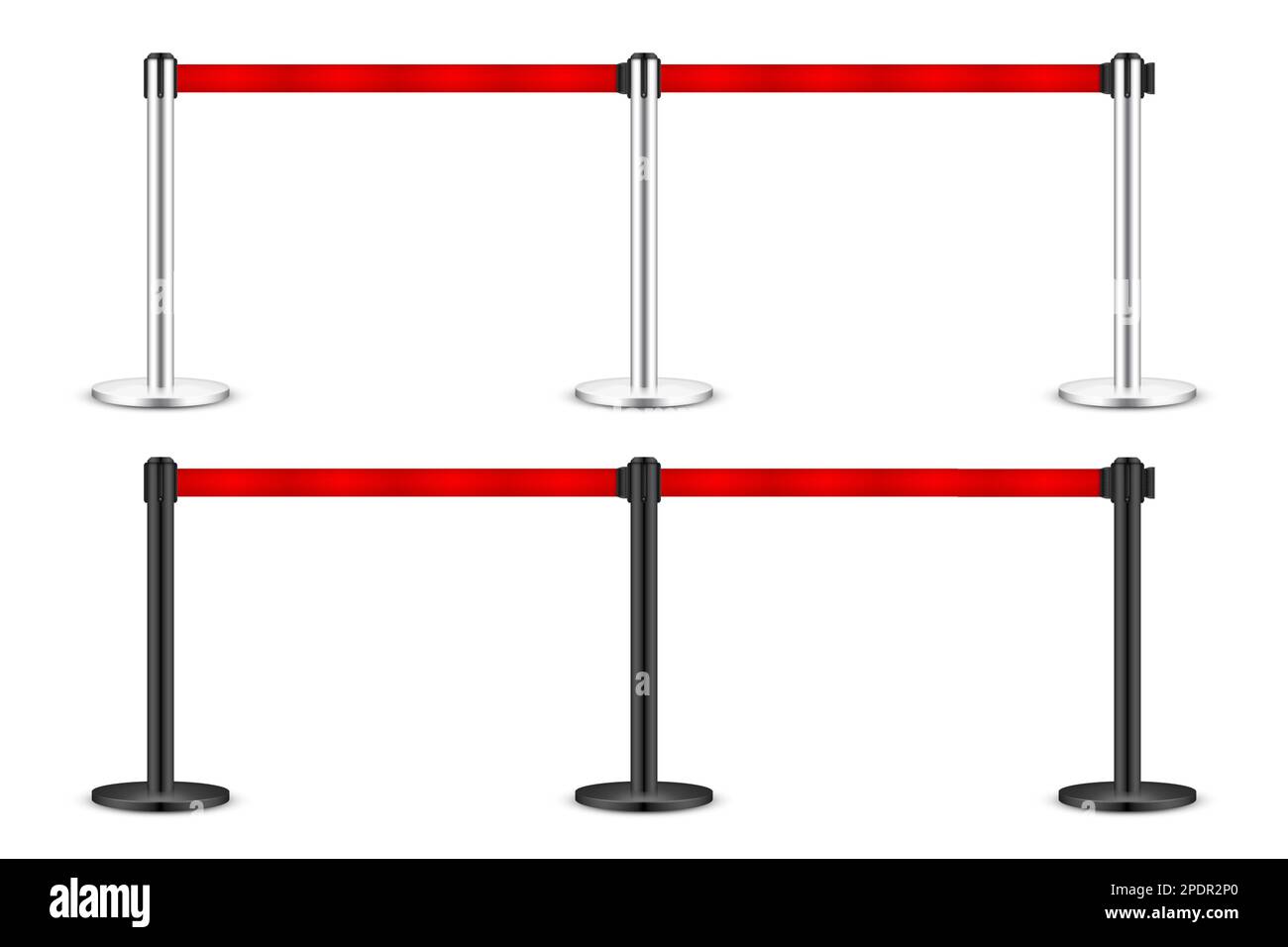 Realistic red retractable belt stanchion. Crowd control barrier posts