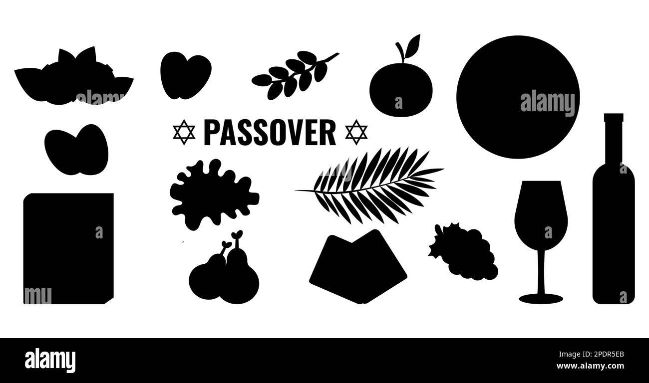 Jewish holiday Passover, Pesach, black traditional icons and symbols on white background. Vector illustration Stock Vector